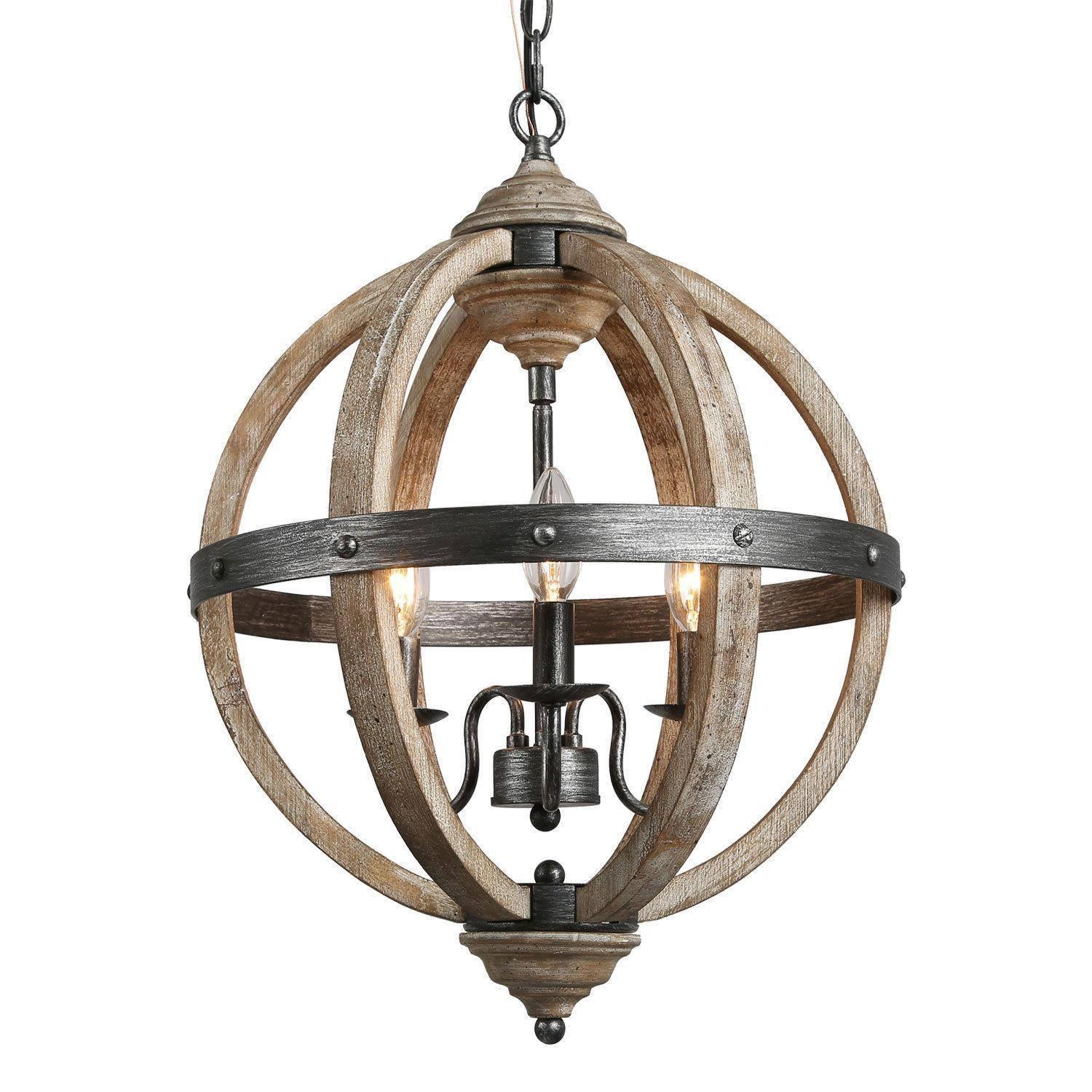 3-Light Globe Wood Chandeliers - Belles Lighting