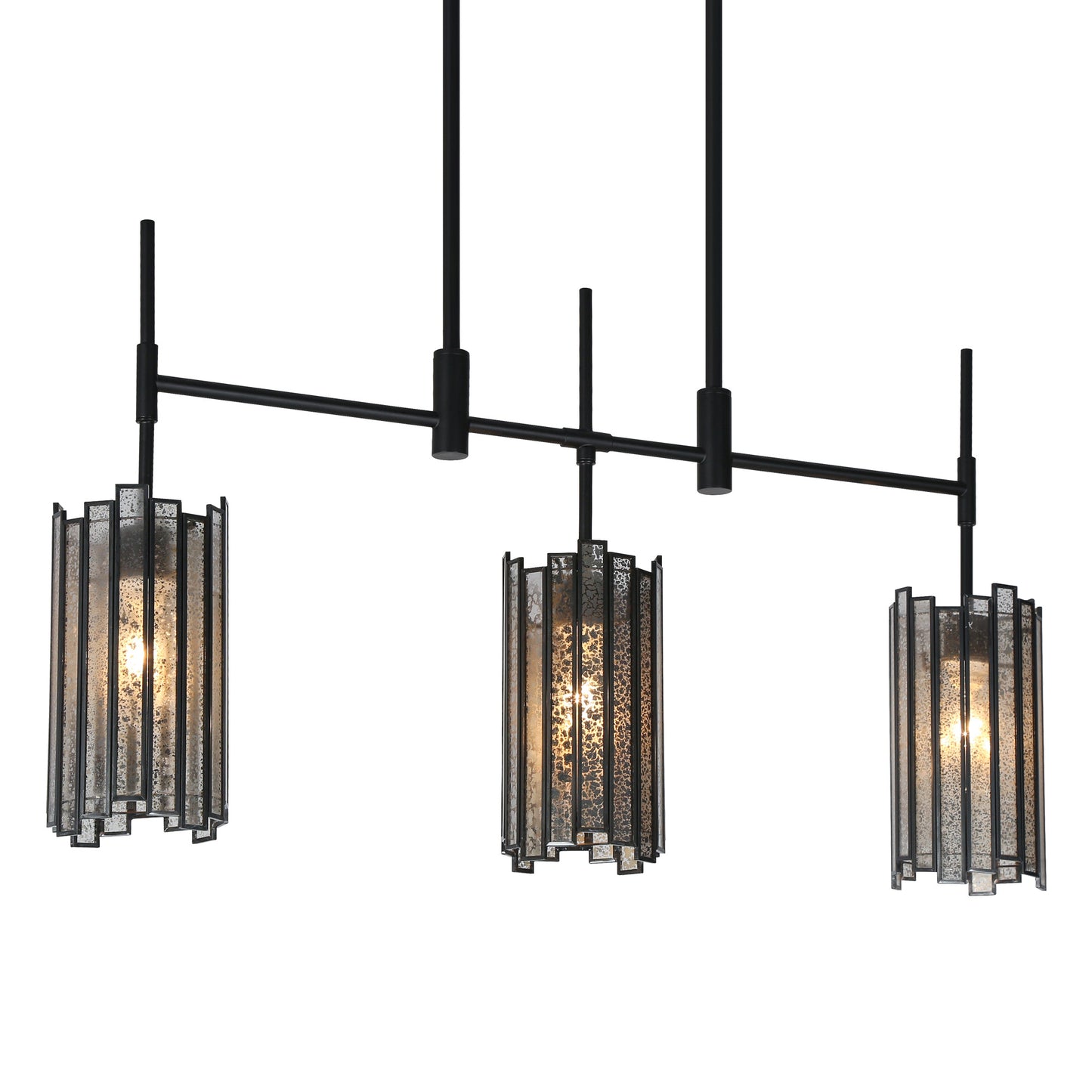 Modern 3-Light Black Linear Island Chandelier with Textured Glass Shade