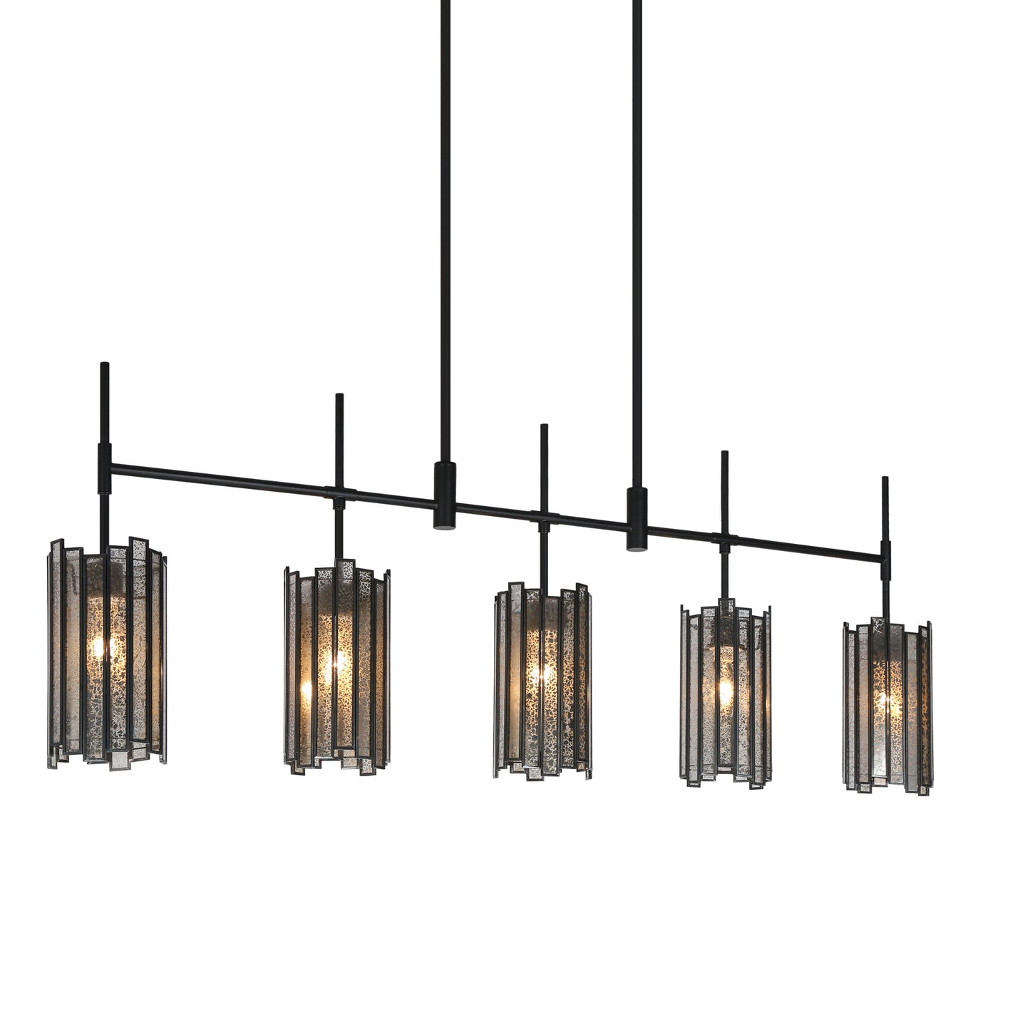 Modern 5-Light Black Linear Island Chandelier with Textured Glass Shade