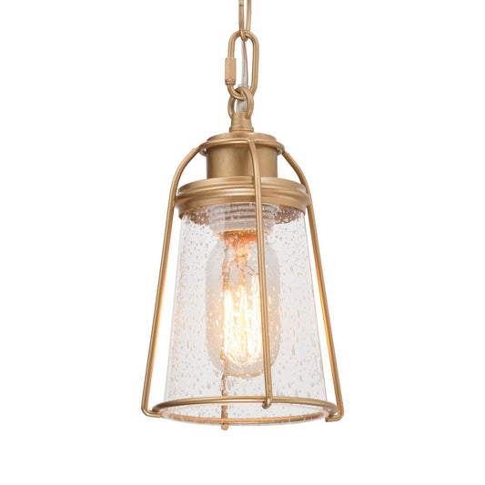 Modern 1-Light Gold Cage Pendant Lights with Seeded Glass Bell Shade