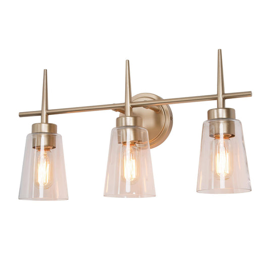 Modern 3-Light Gold Bathroom Vanity Light with Clear Glass Cone Shade