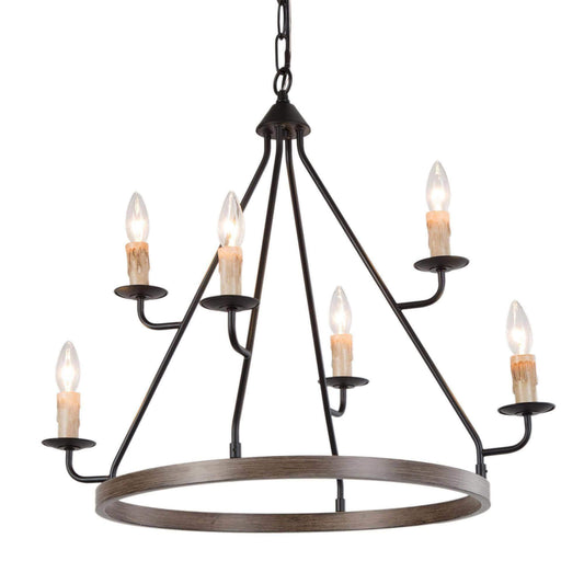 6-Light Wagon Wheel Chandelier Faux Wood Finish - Belles Lighting