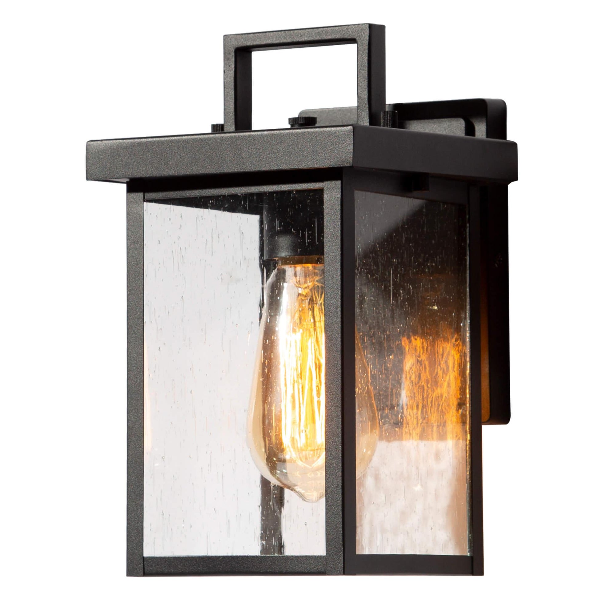 1-Light Black Outdoor Lantern Wall Light with Seeded Glass - Belles Lighting