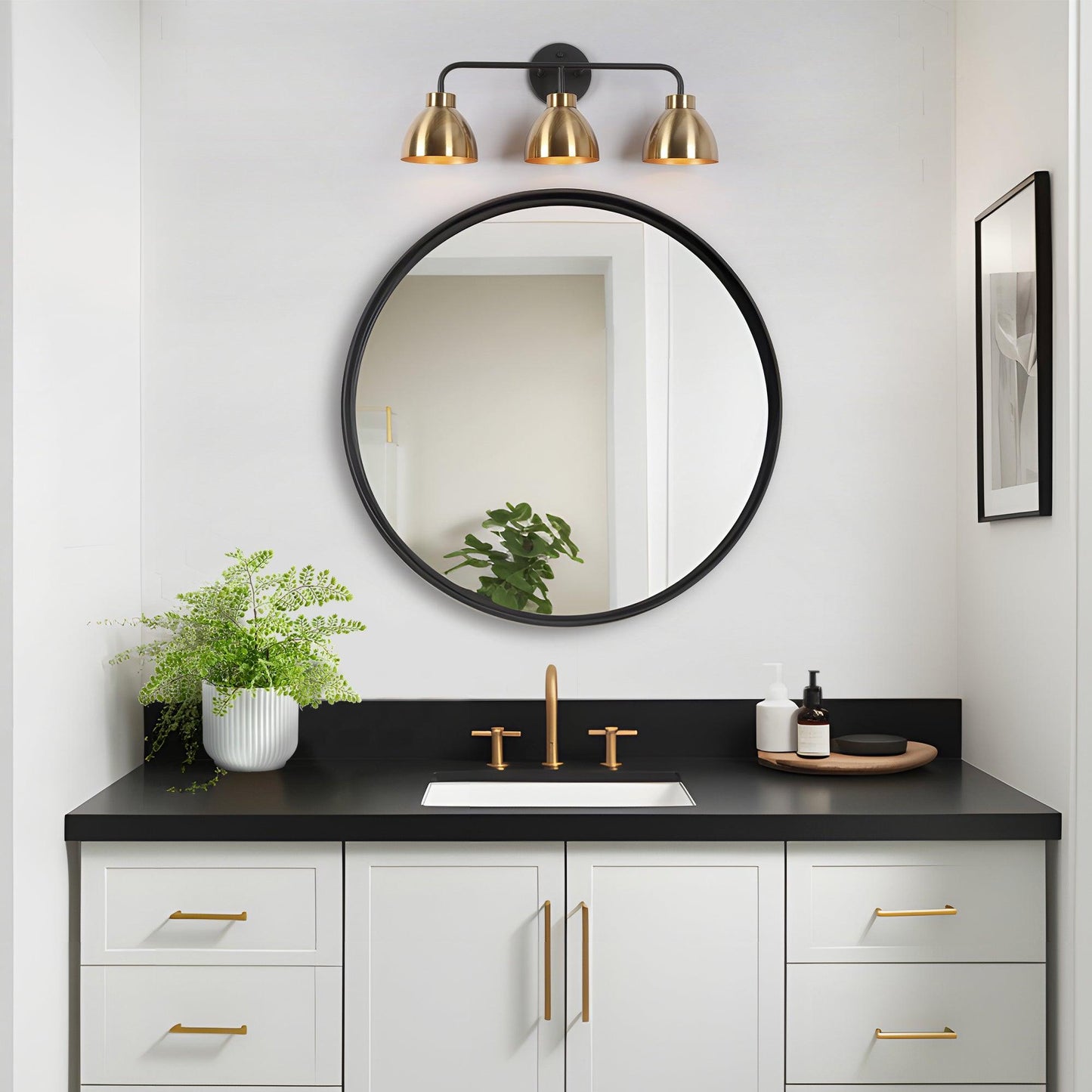 3-Light Black and Gold Bathroom Vanity Lights - Belles Lighting