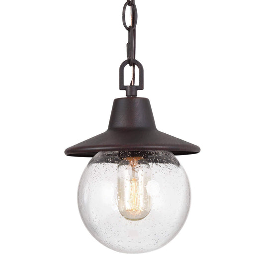 1-Light Rusty Globe Outdoor Pendant Light with Seeded Glass - Belles Lighting