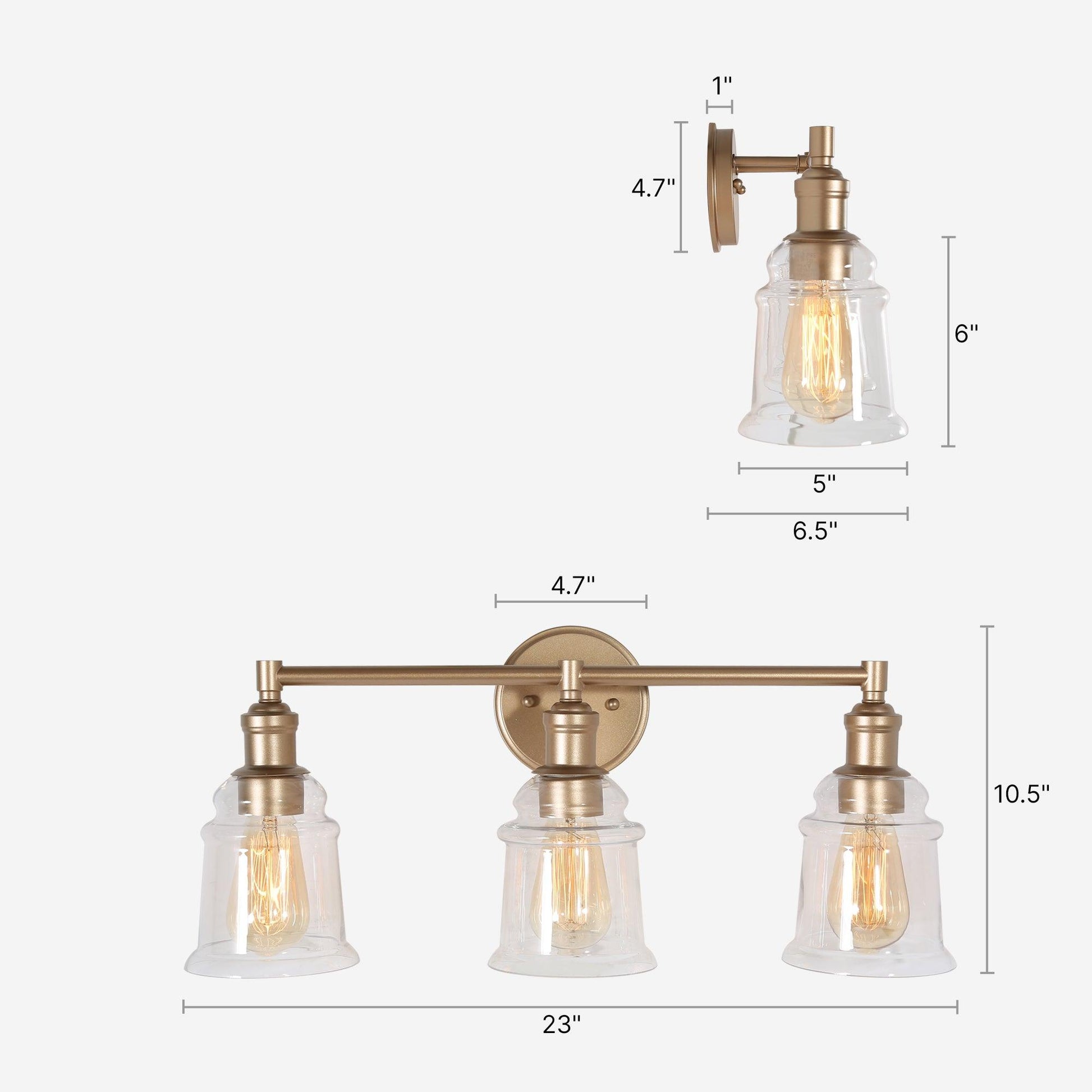 3-Light Gold Vanity Lights Glass Wall Sconces - Belles Lighting