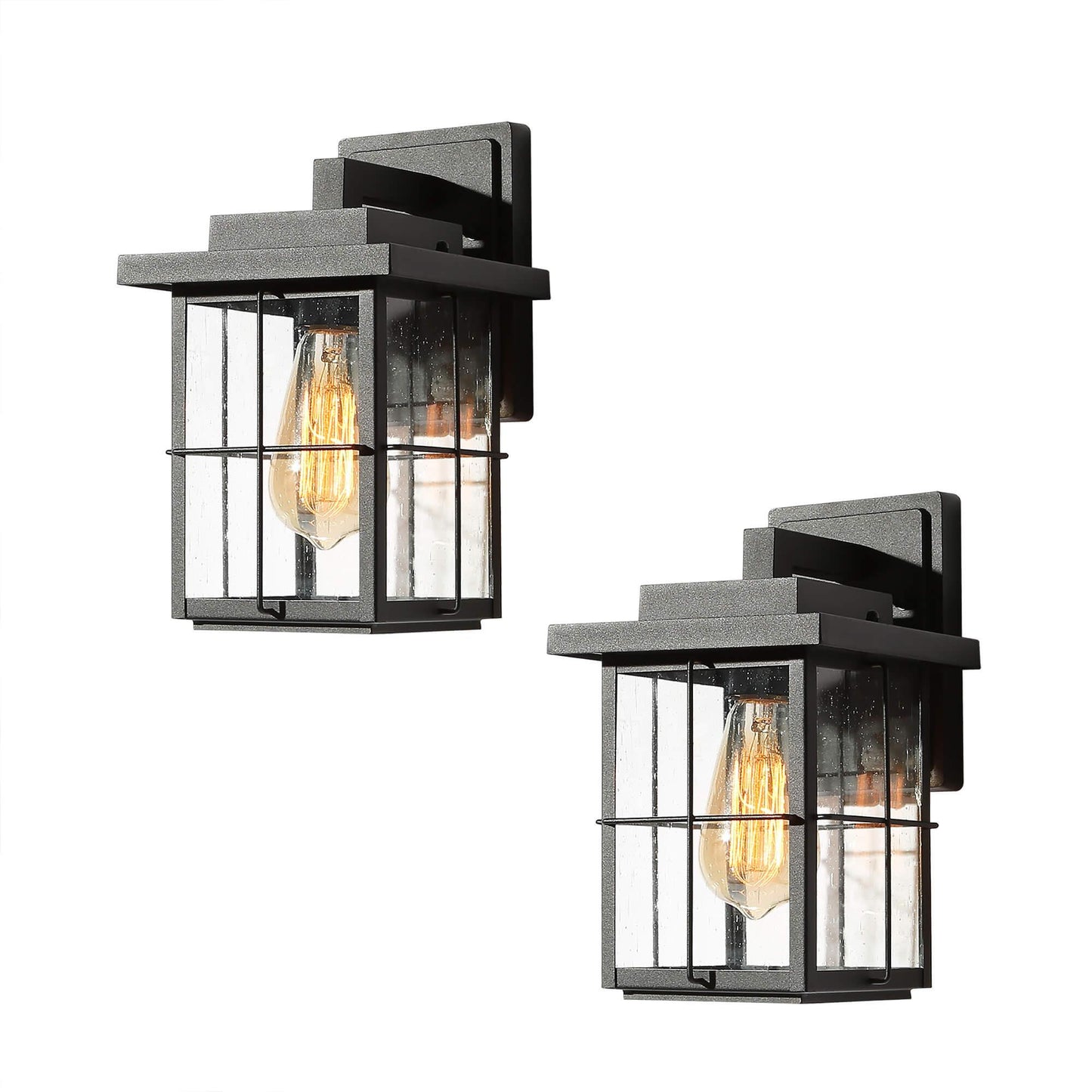 1-Light Black Outdoor Wall Light with Seeded Glass 2 Pack - Belles Lighting