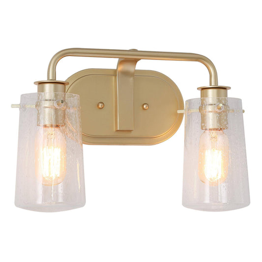 Modern 2-Light Gold Vanity Light with Cylinder Seeded Glass Shade