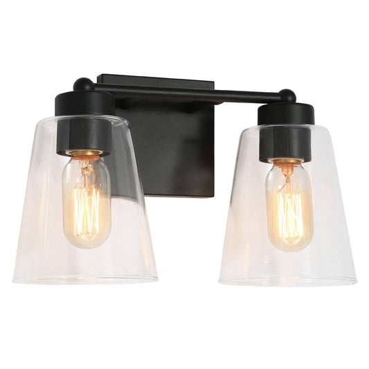 Modern Farmhouse 2-Light Black Vanity Light with Clear Cone Glass Shade