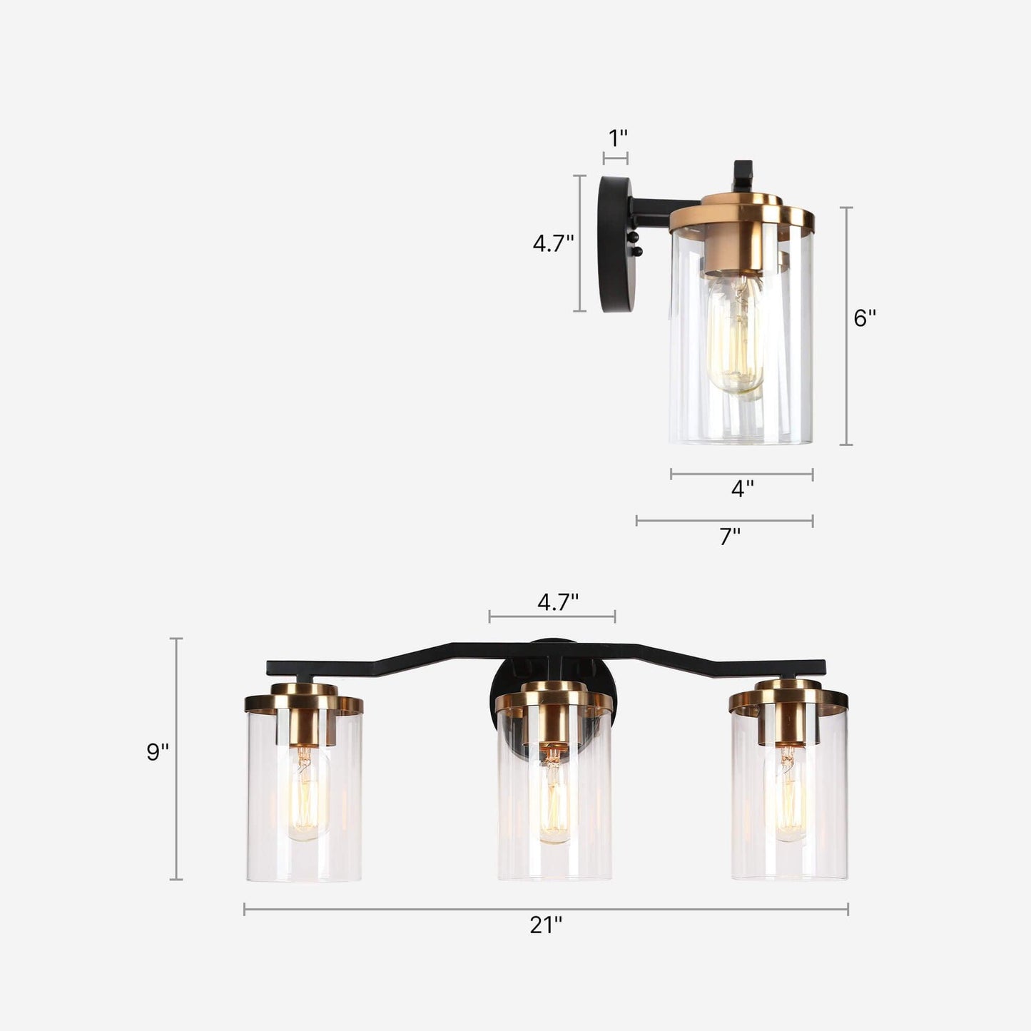 3-Light Bath Vanity Light Cylinder Glass Wall Lamps - Belles Lighting