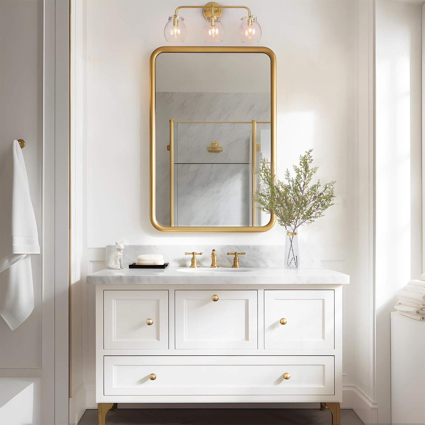 3-Light Gold Bathroom Vanity Light Seeded Glass Wall Sconces - Belles Lighting