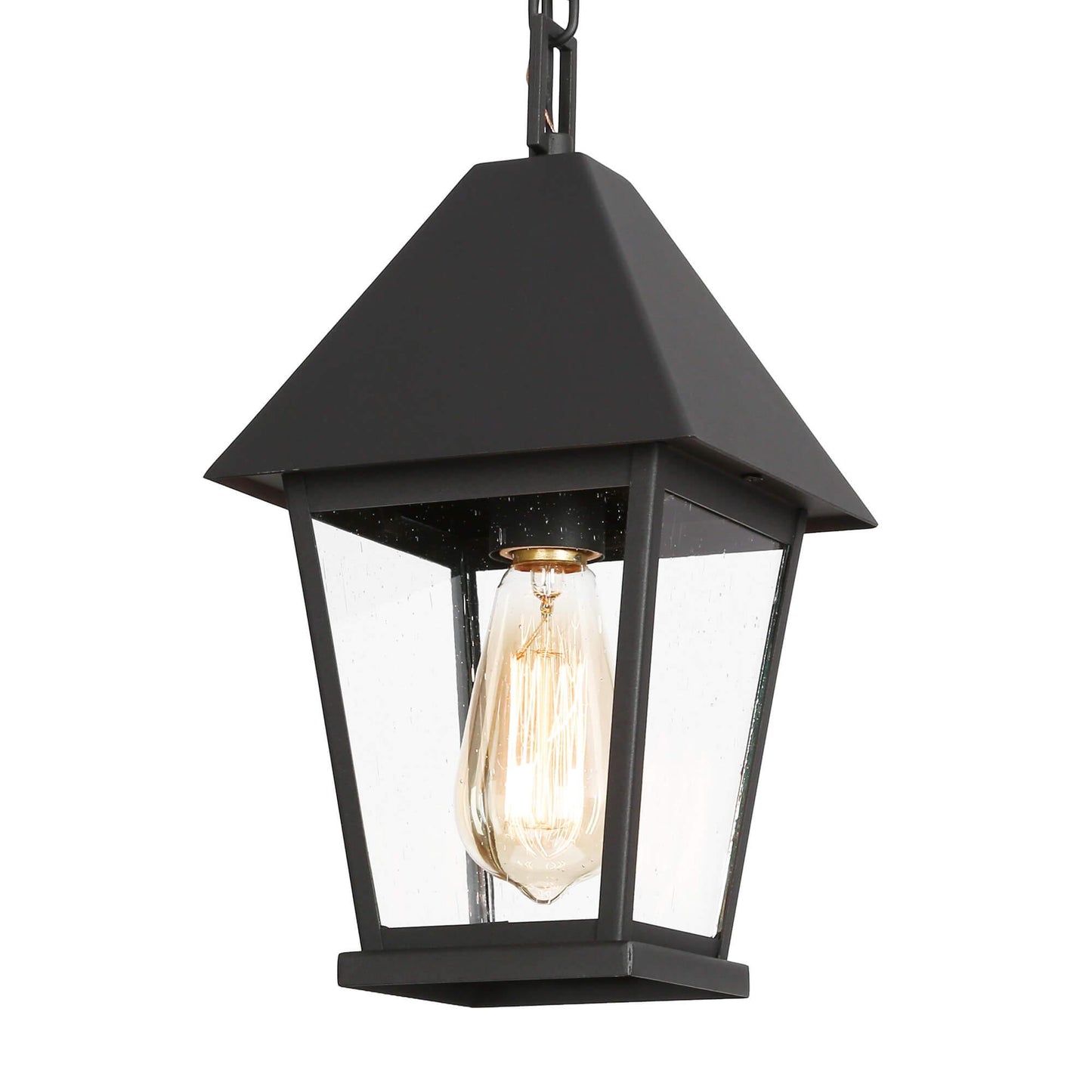 1-Light Black Outdoor Pendant Light with Seeded Glass Shade - Belles Lighting