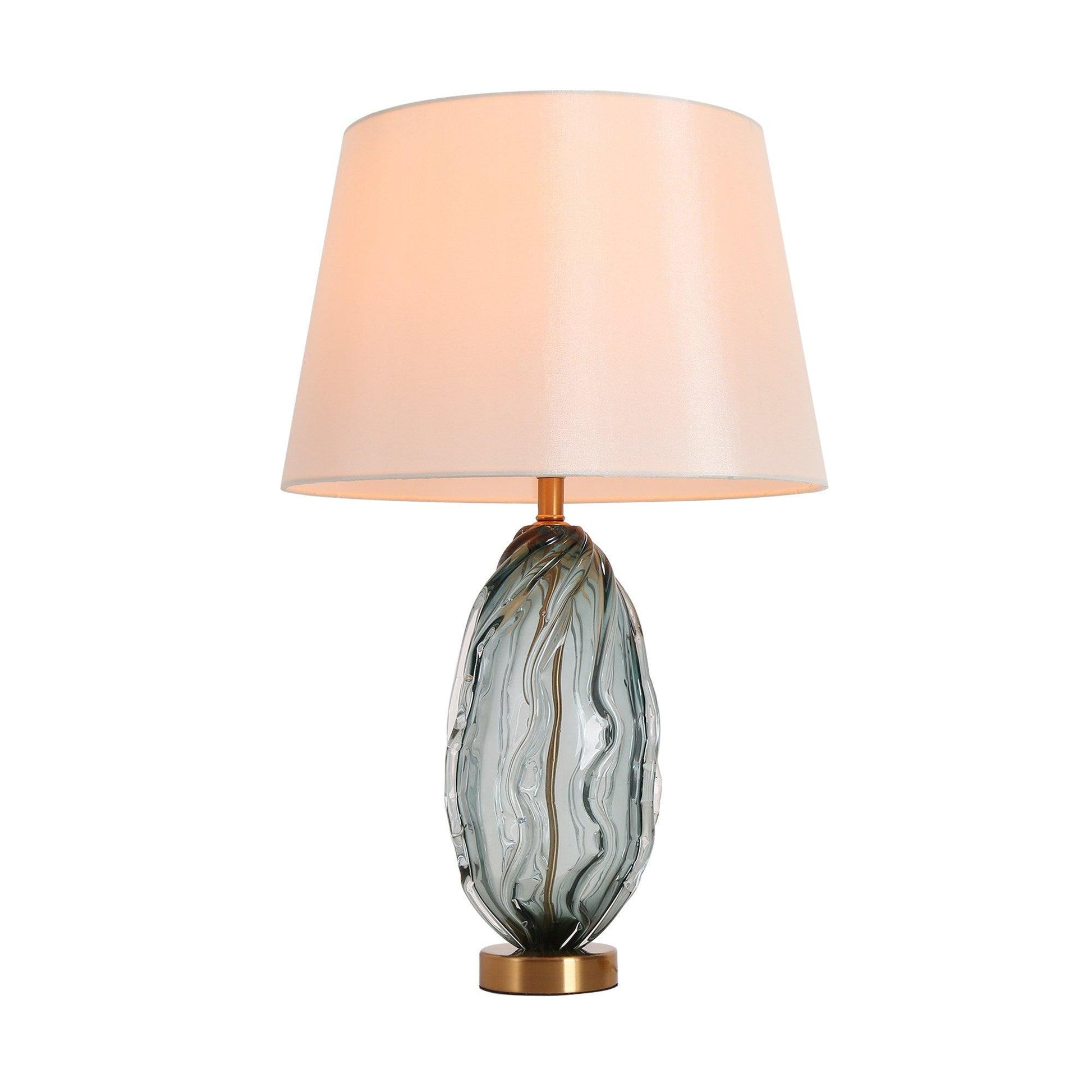 1-Light Blue Textured Glass Table Lamp with Fabric Shade - Belles Lighting