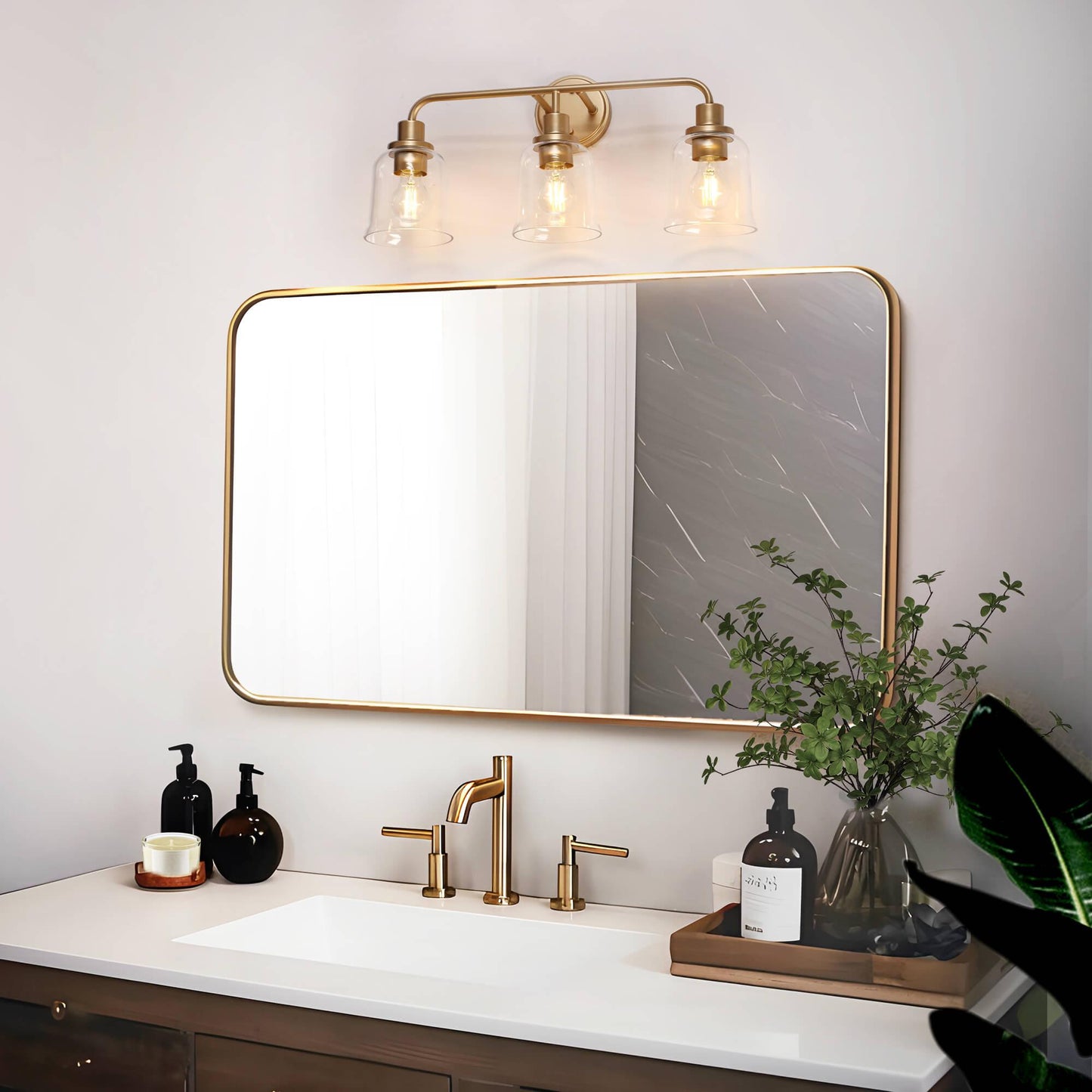 3-Light Modern Gold Glass Bathroom Vanity Lights - Belles Lighting