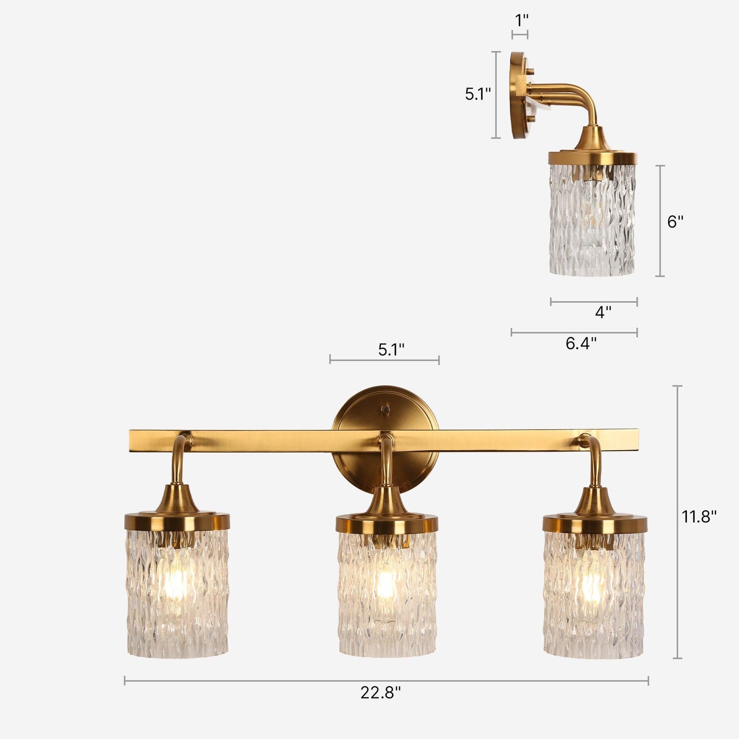 3-Light Gold Vanity Lights with Textured Glass - Belles Lighting