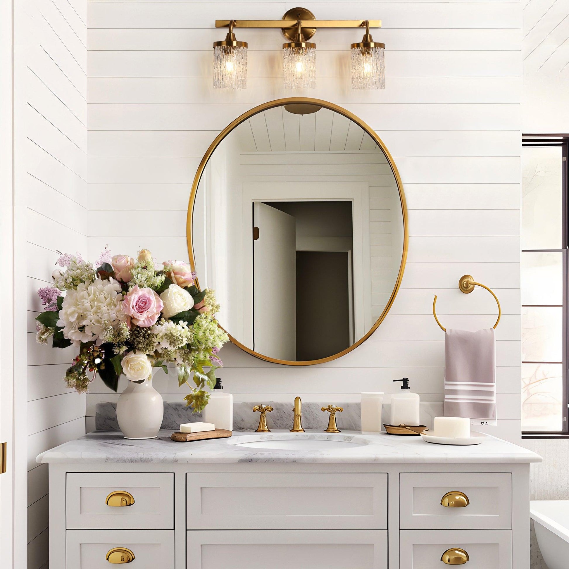 3-Light Gold Vanity Lights with Textured Glass - Belles Lighting