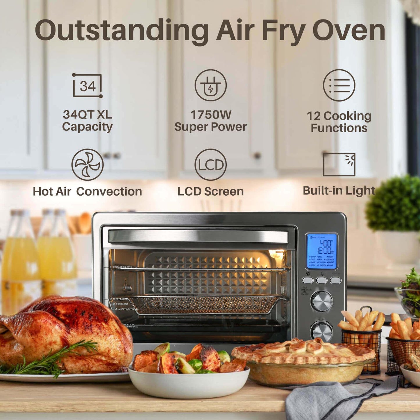 34 QT Large Oven 12-in-1 Air Fryer Stainless Steel Toaster - Belles Lighting