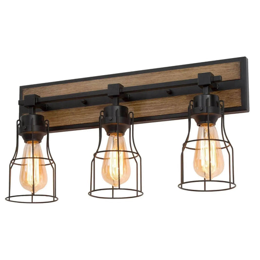 Picuka 3-Light Black and Wood Vanity Light