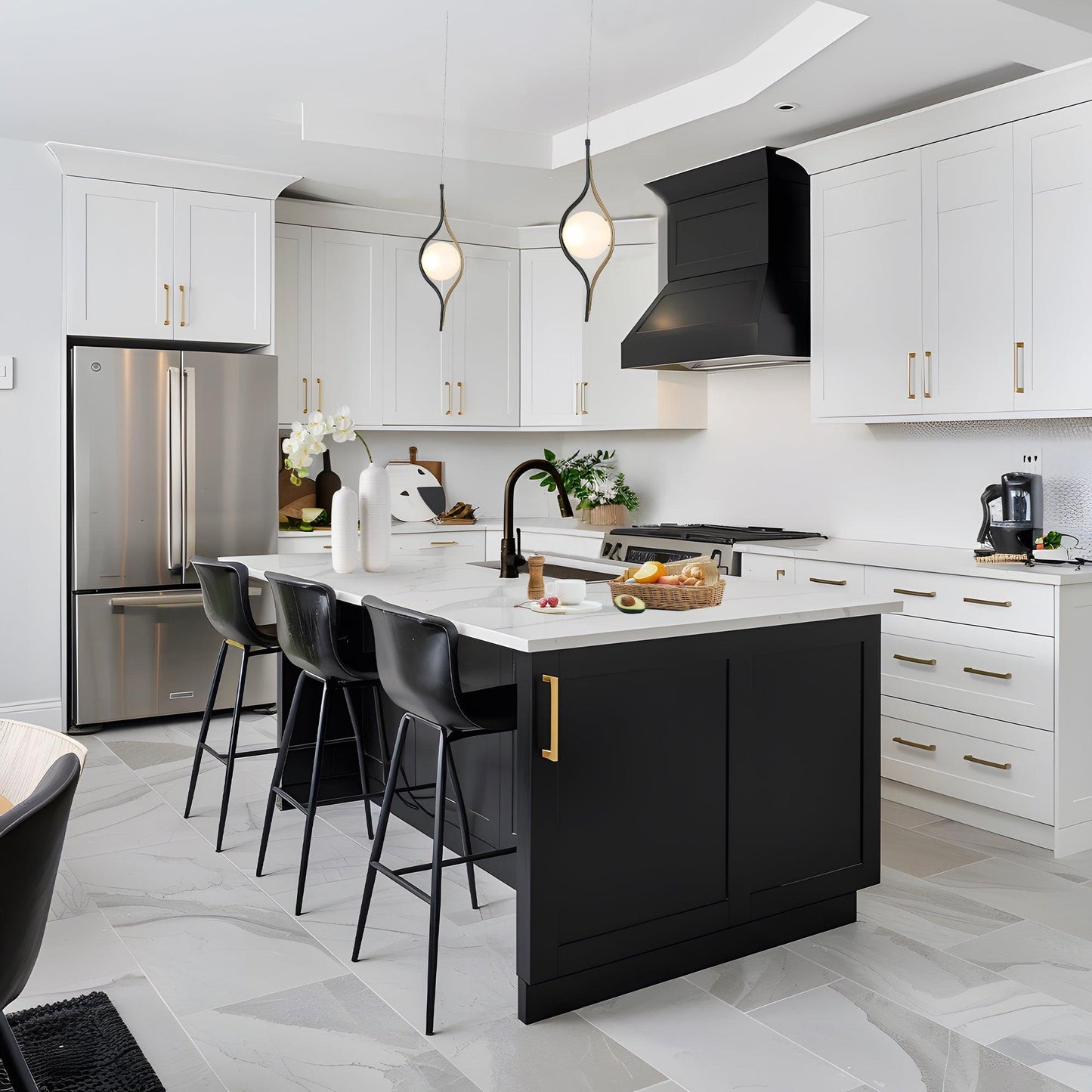 Modern kitchen with black and white cabinetry, featuring a central island with black accents, black bar stools, and two black-gold pendant lights with frosted glass globes hanging above