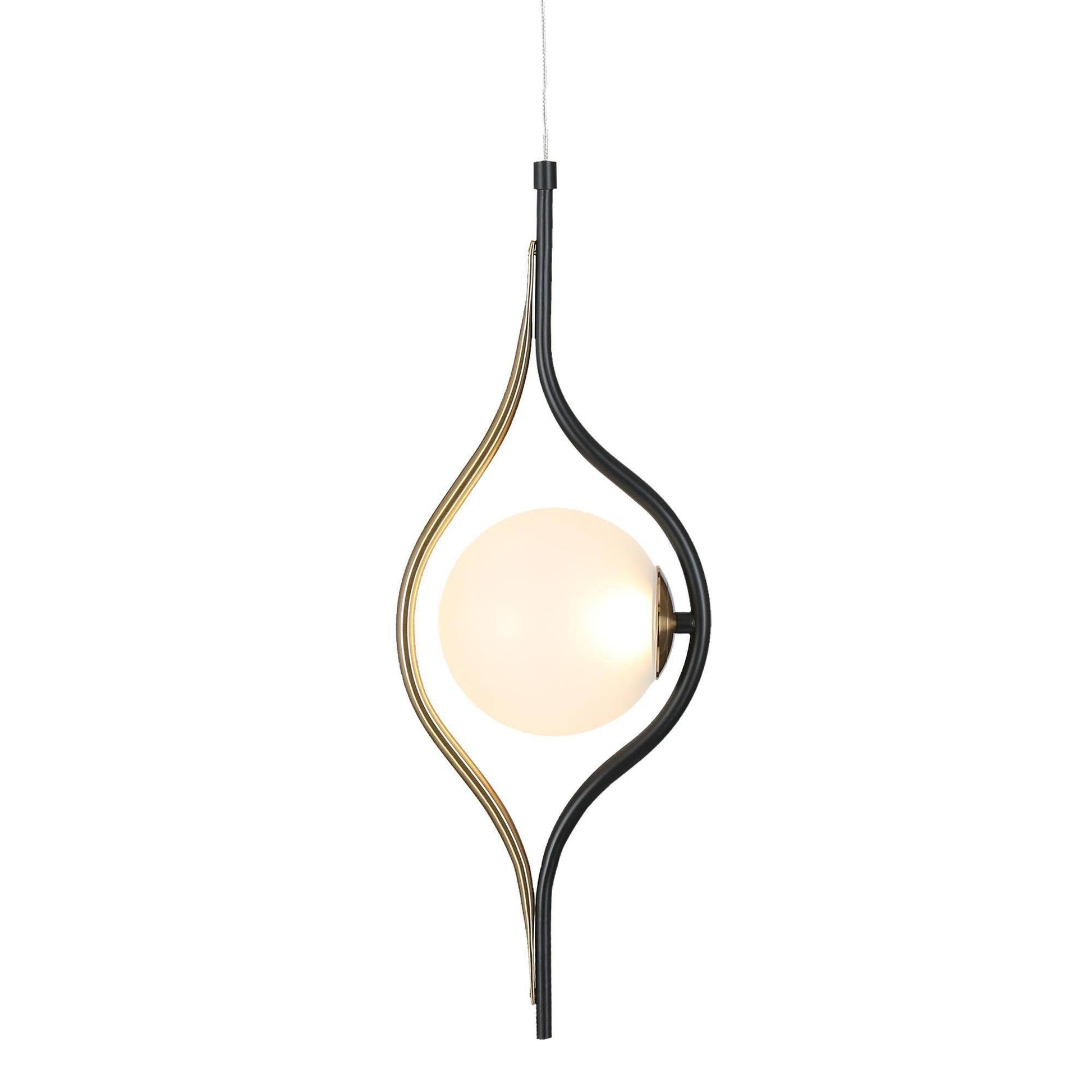 Modern black and gold pendant light with a teardrop-shaped frame surrounding a frosted globe shade, sleek and stylish.