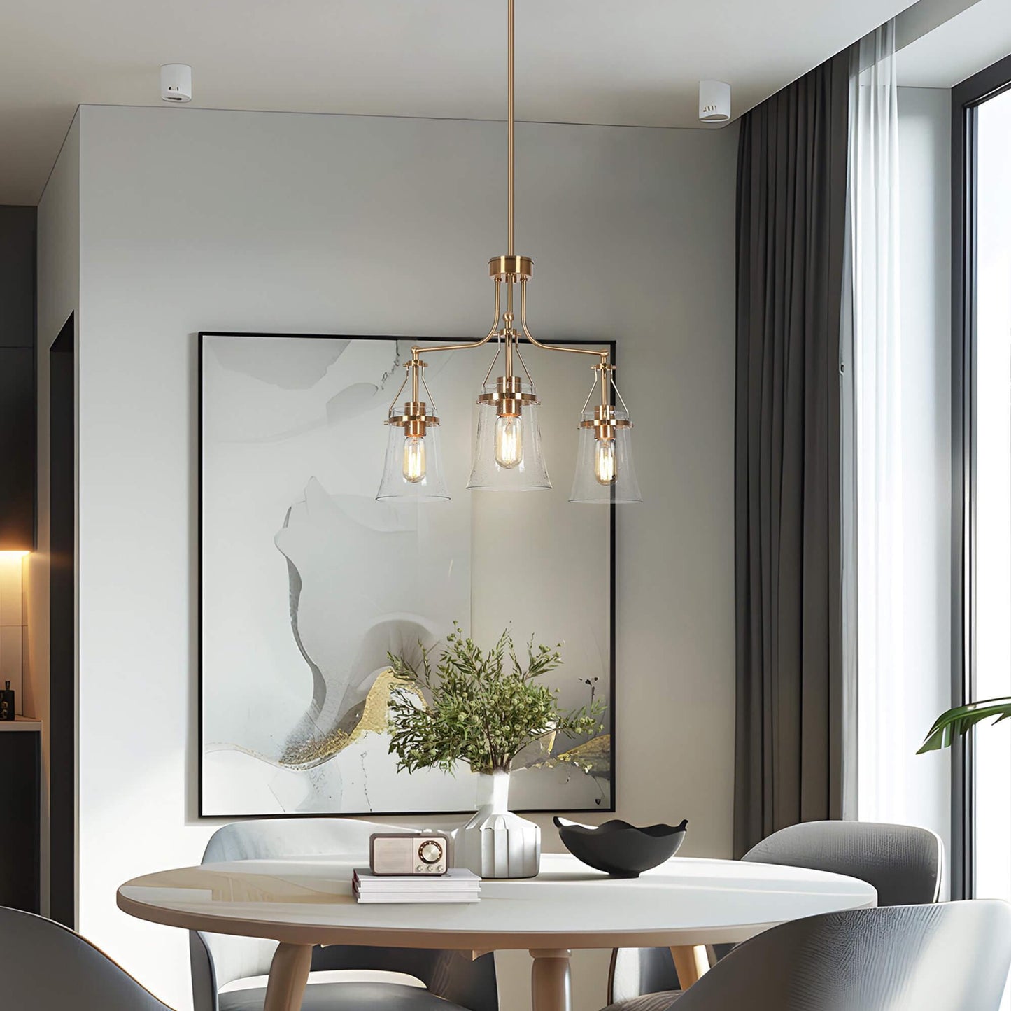 3-Light Brass Chandeliers with Seeded Glass Shade - Belles Lighting