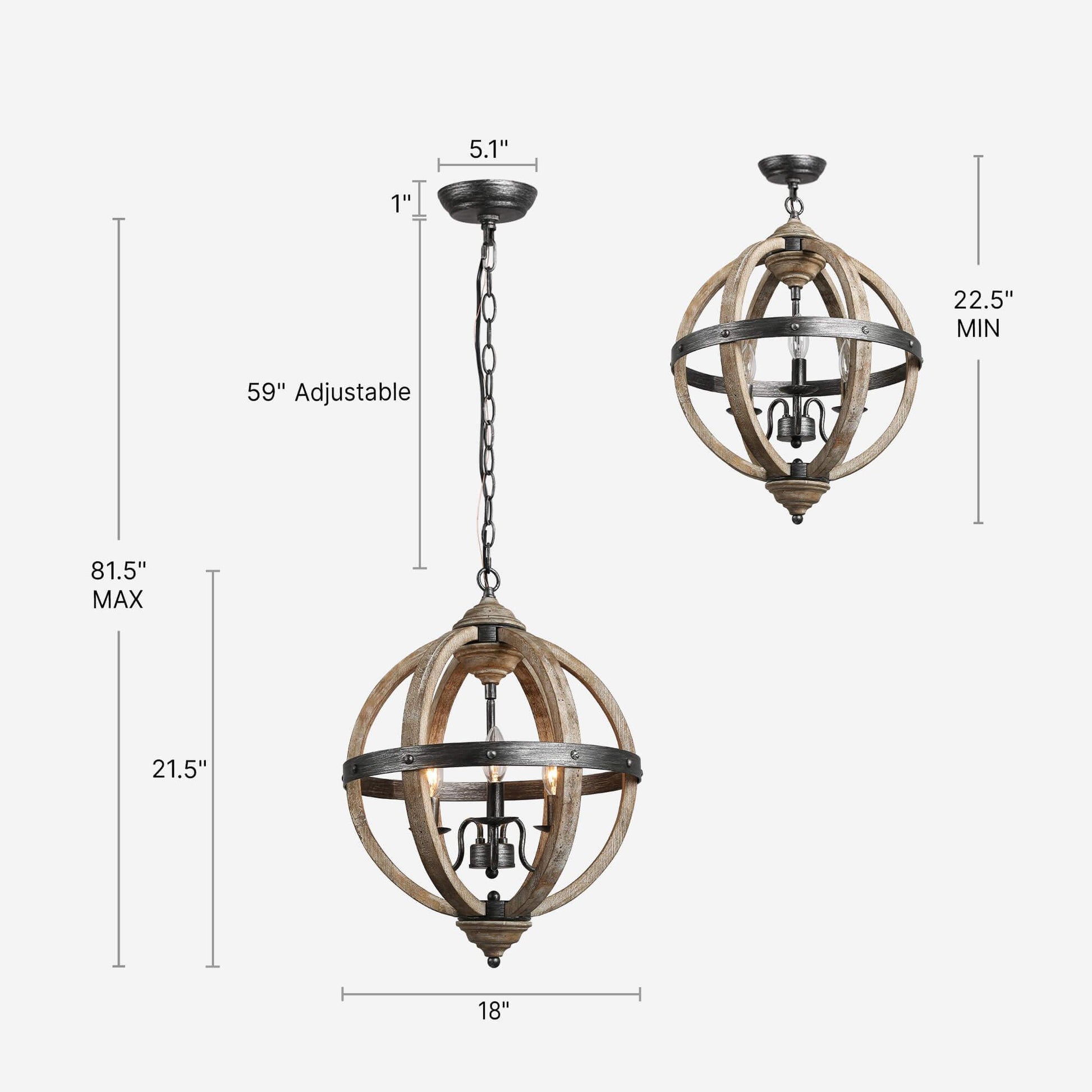 3-Light Globe Wood Chandeliers - Belles Lighting