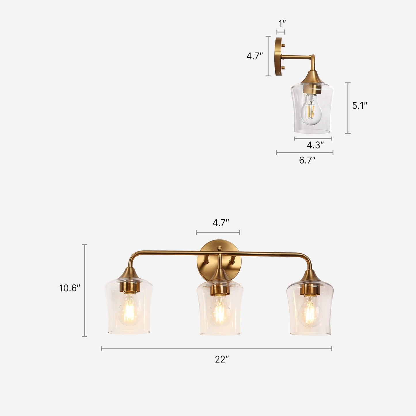 3-Light Brass Bath Vanity Lights Glass Wall Sconces - Belles Lighting