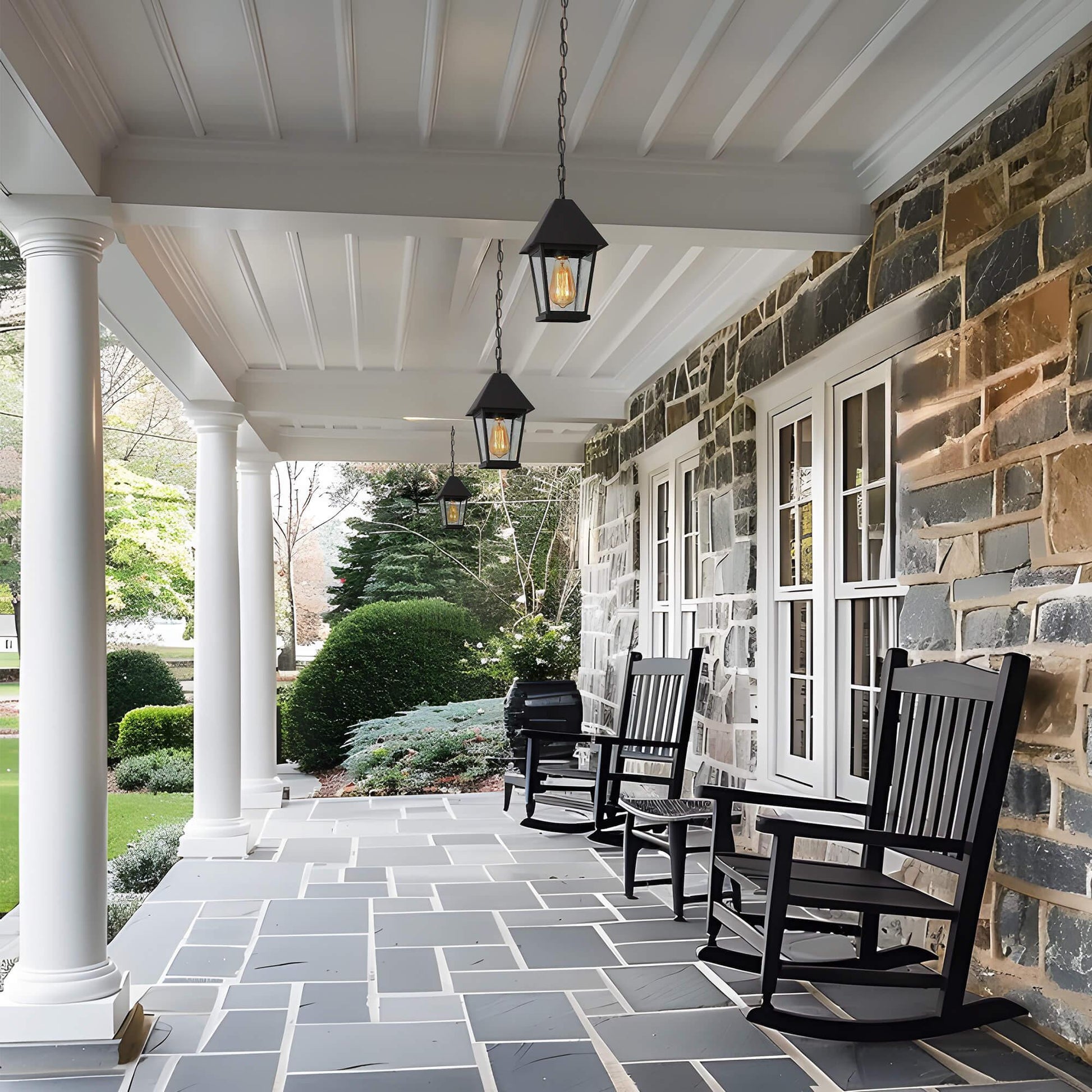 1-Light Black Outdoor Pendant Light with Seeded Glass Shade - Belles Lighting