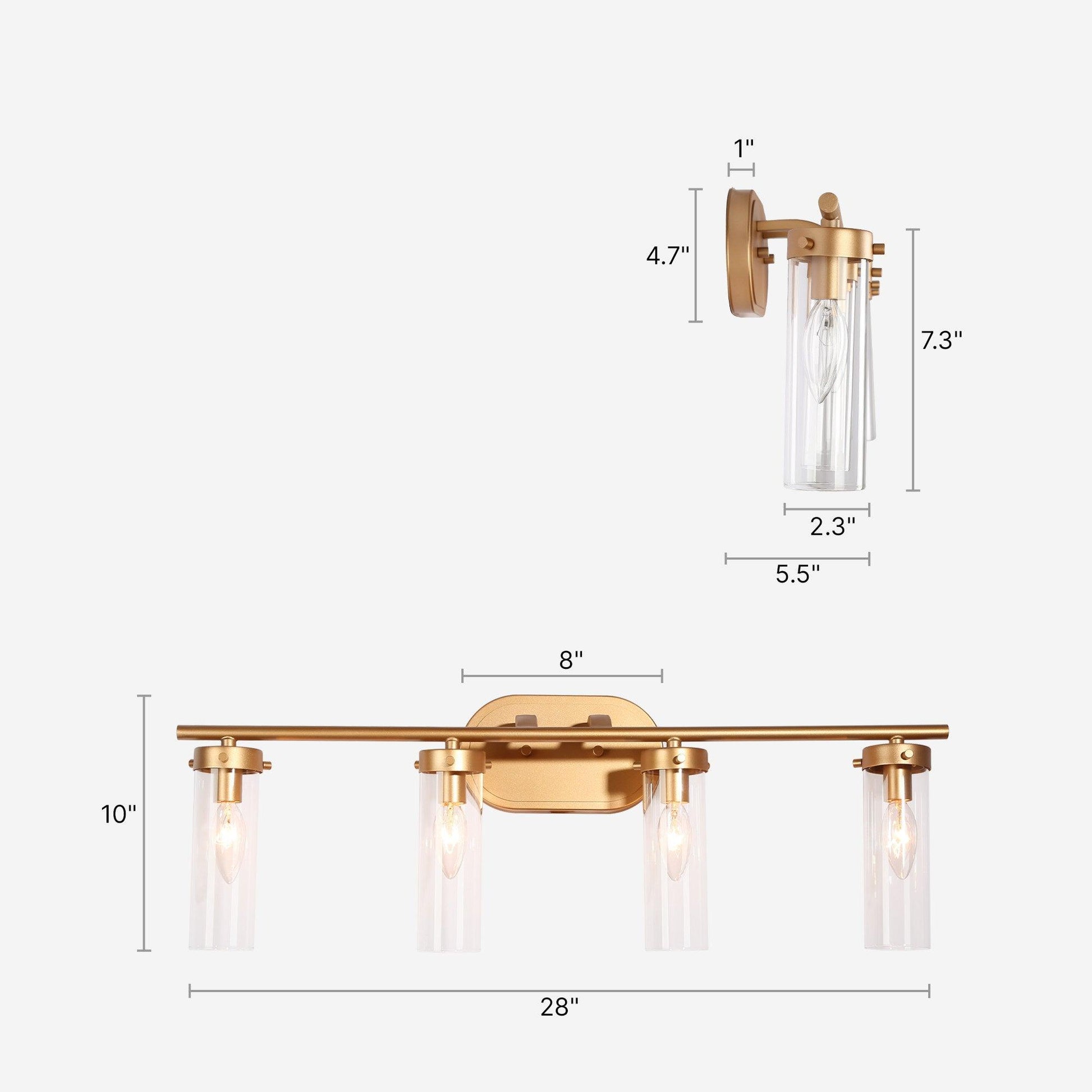 4-Light Gold Bath Vanity Lights Cylinder Glass Wall Sconces - Belles Lighting