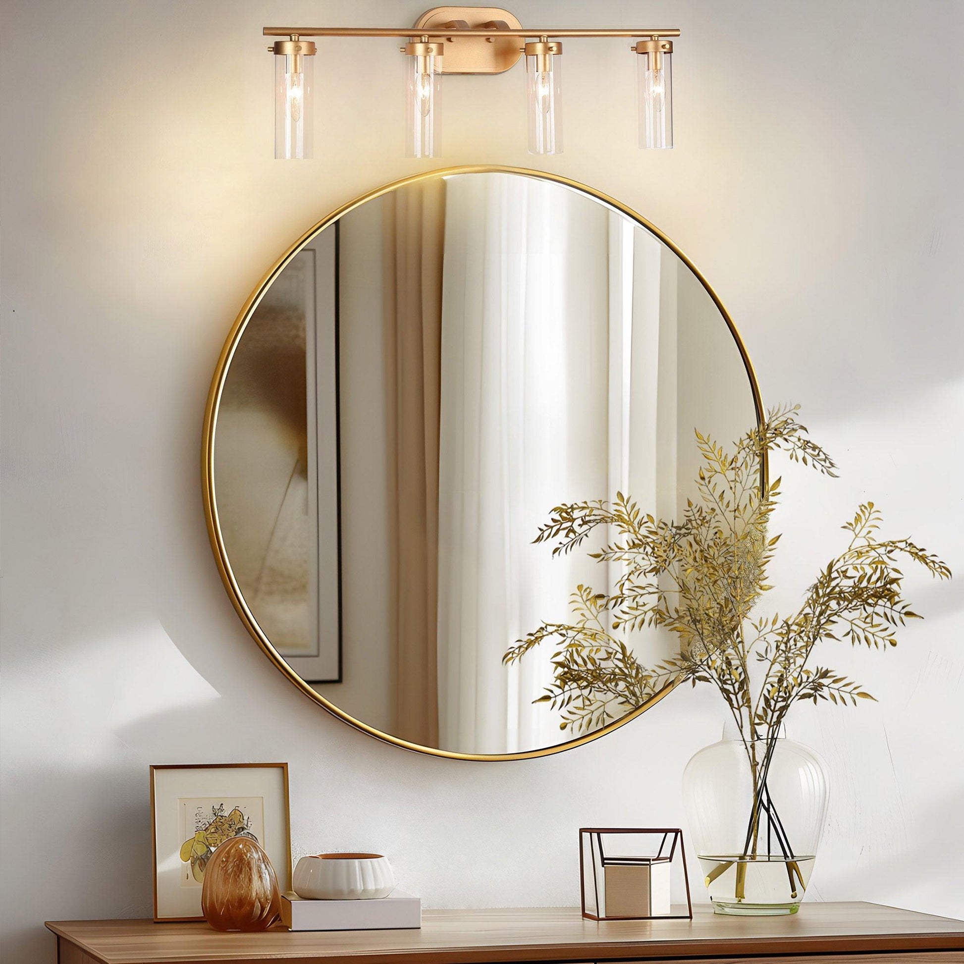 4-Light Gold Bath Vanity Lights Cylinder Glass Wall Sconces - Belles Lighting