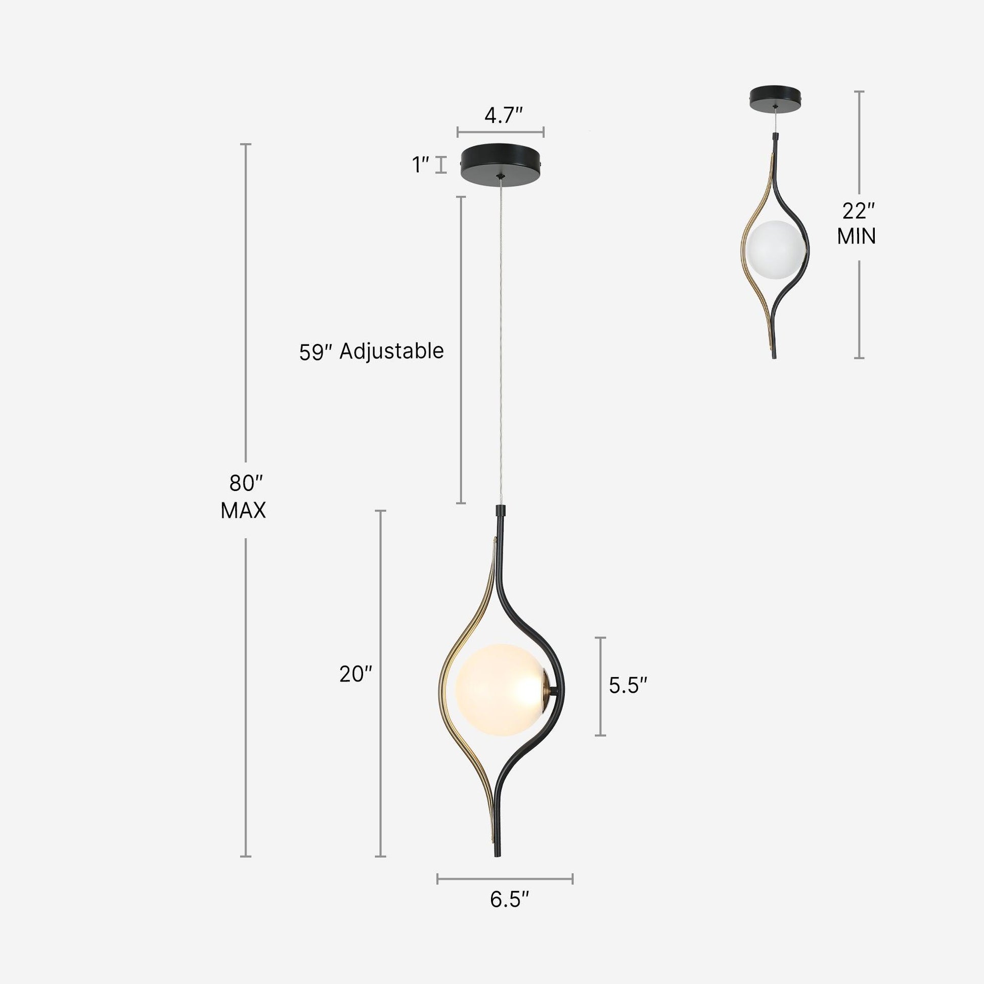 Dimensional diagram of a modern pendant light featuring a black and gold teardrop-shaped frame with a frosted globe shade. The light is height adjustable, with a maximum length of 80 inches, a minimum length of 22 inches, a frame height of 20 inches, and a width of 6.5 inches.