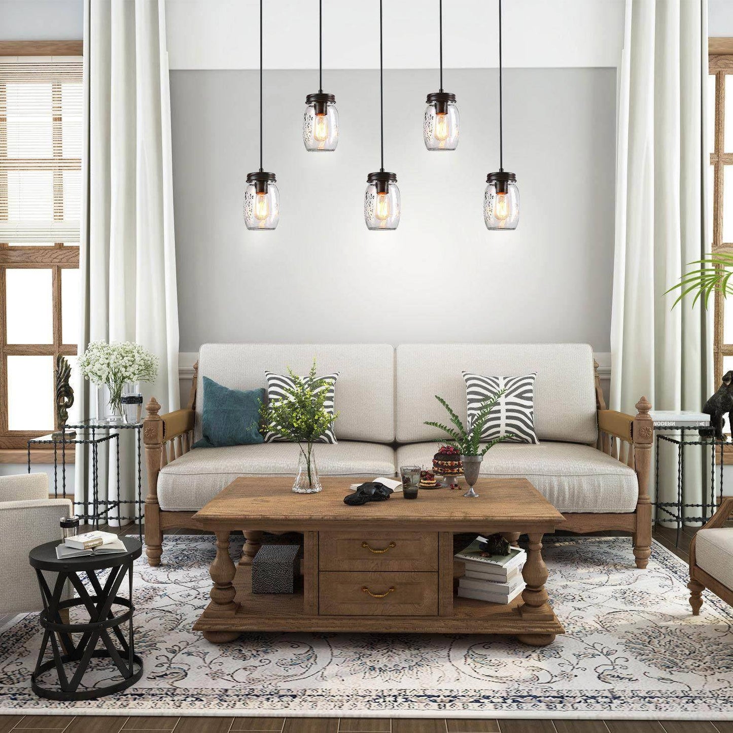 Farmhouse 5-Light Mason Jar Pendant Island Lights Chandelier