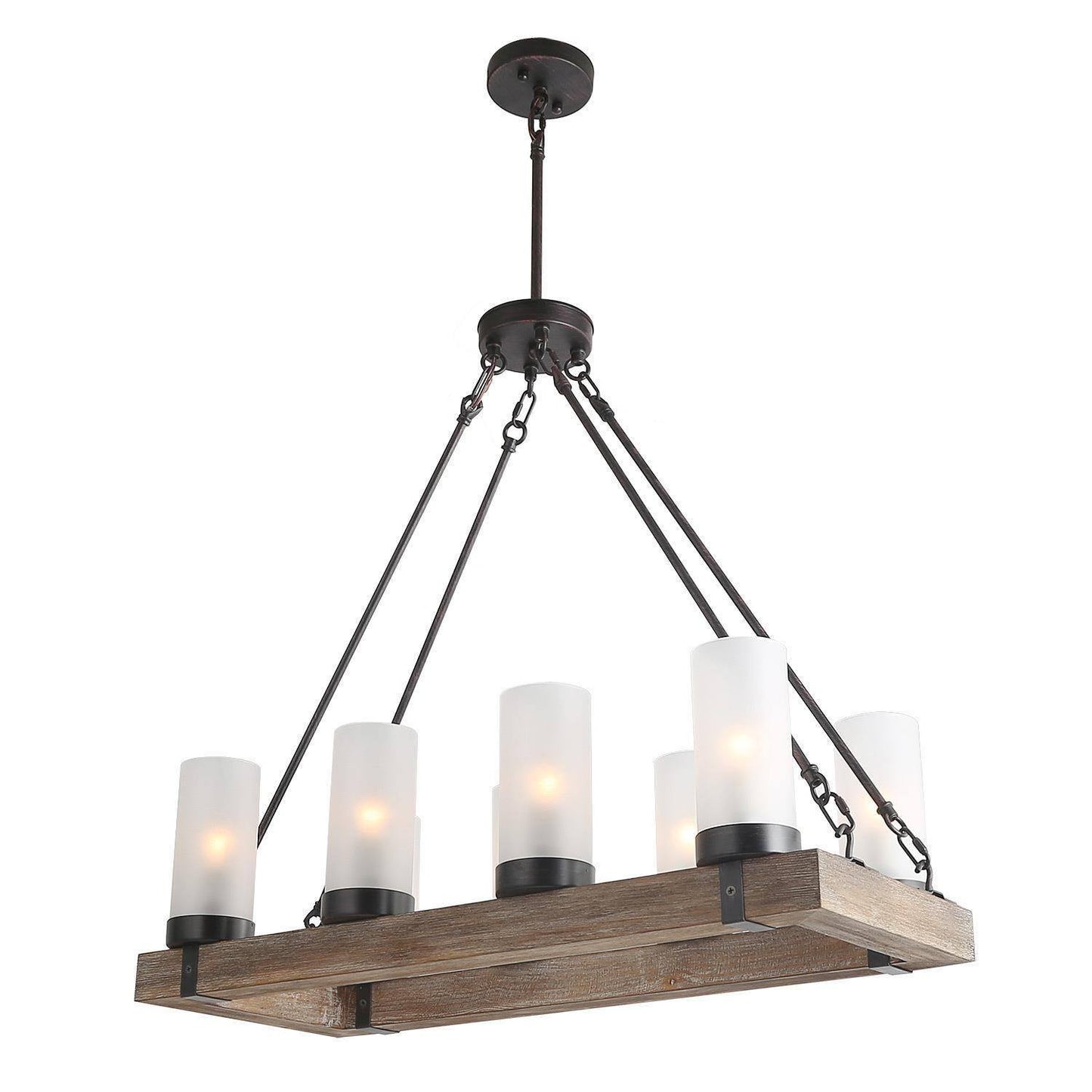 Rustic 8-Light Wood Linear Island Lights Chandelier with Frosted Glass