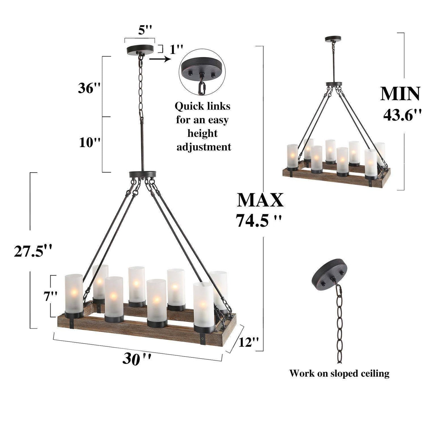 Rustic 8-Light Wood Linear Island Lights Chandelier with Frosted Glass