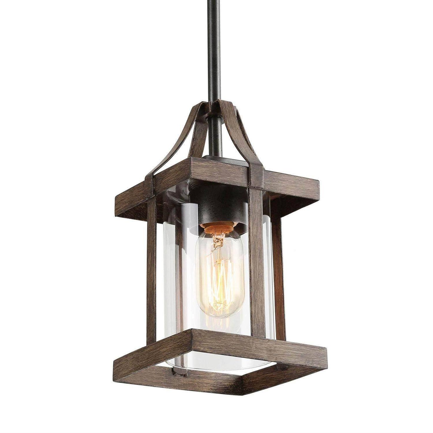 Farmhouse 1-Light Faux-wood Lantern Glass Pendant Light