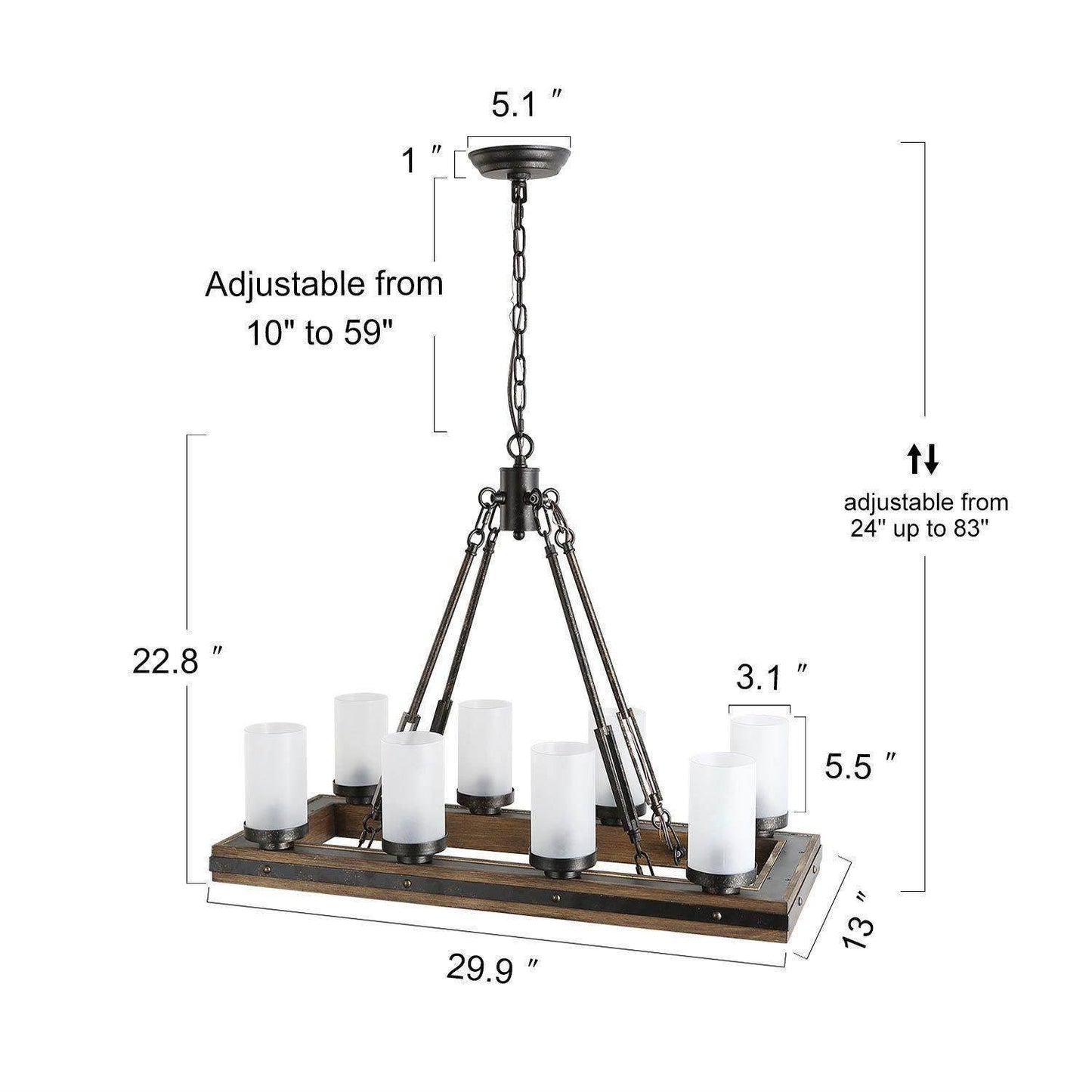 Rustic 8-Light Wood Island Lights Chandelier with Frosted Glass