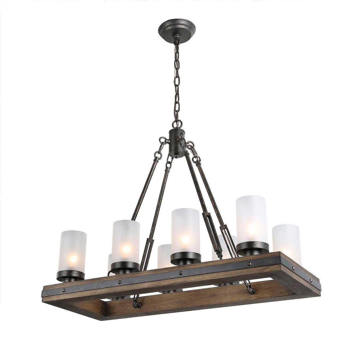 Rustic 8-Light Wood Island Lights Chandelier with Frosted Glass