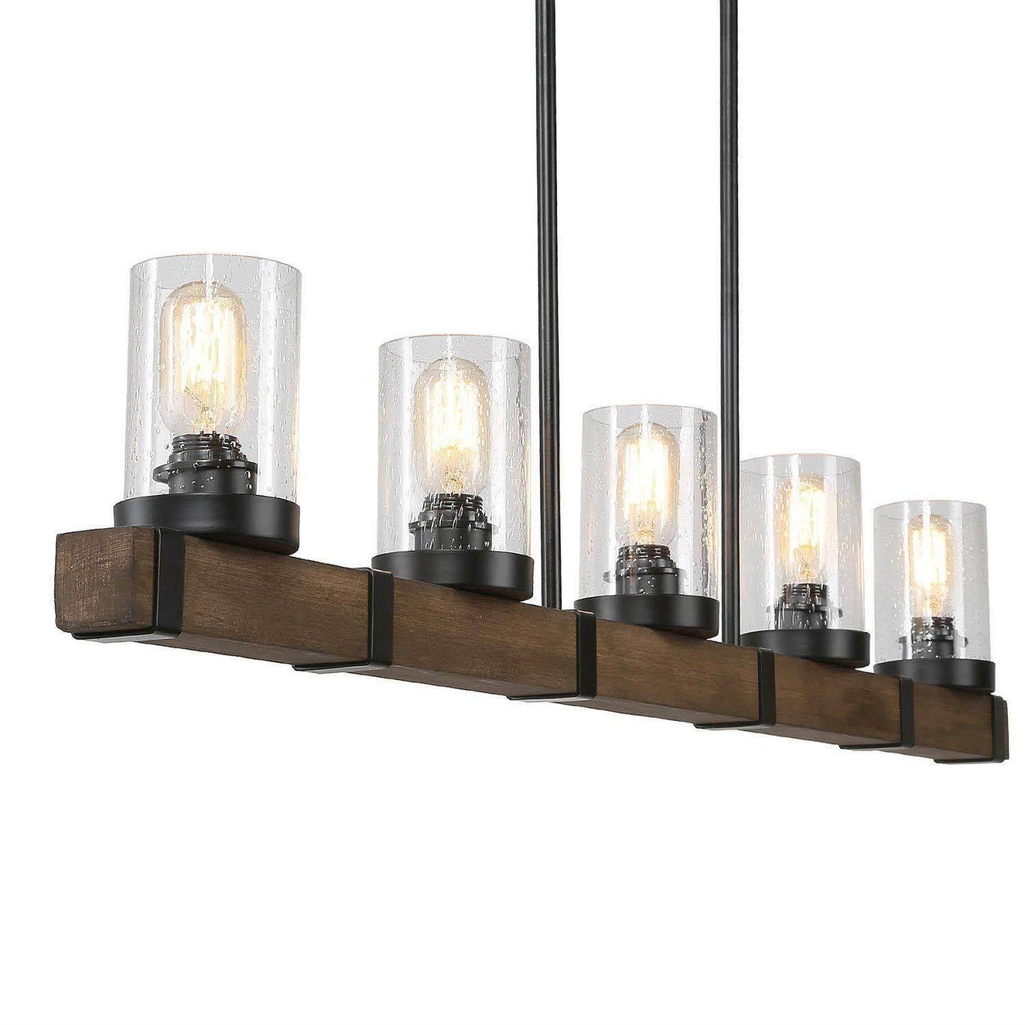 Rustic 5-Light Wood Linear Island Lights Chandelier with Seeded Glass