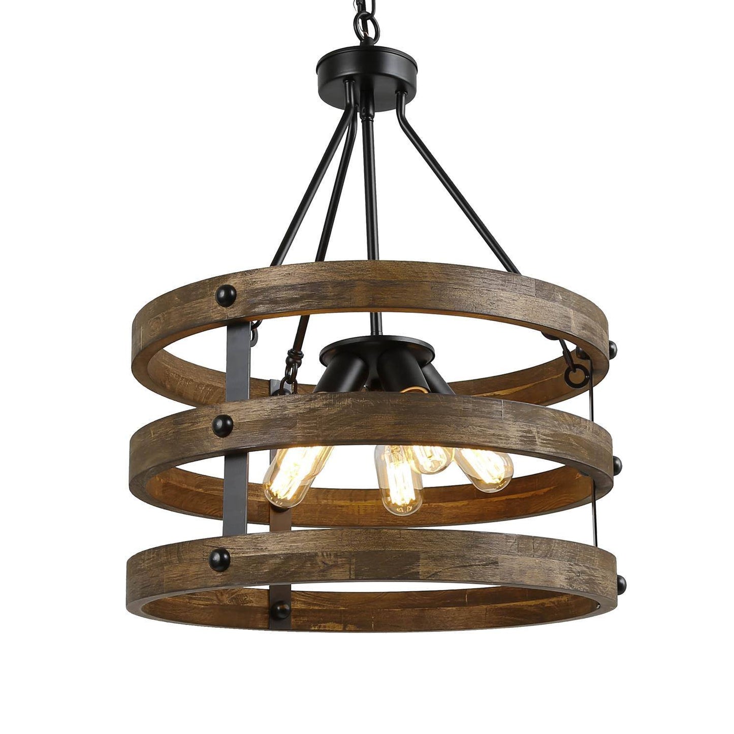 Rustic 5-Light Chandelier with Wooden Rings and Black Metal Frame