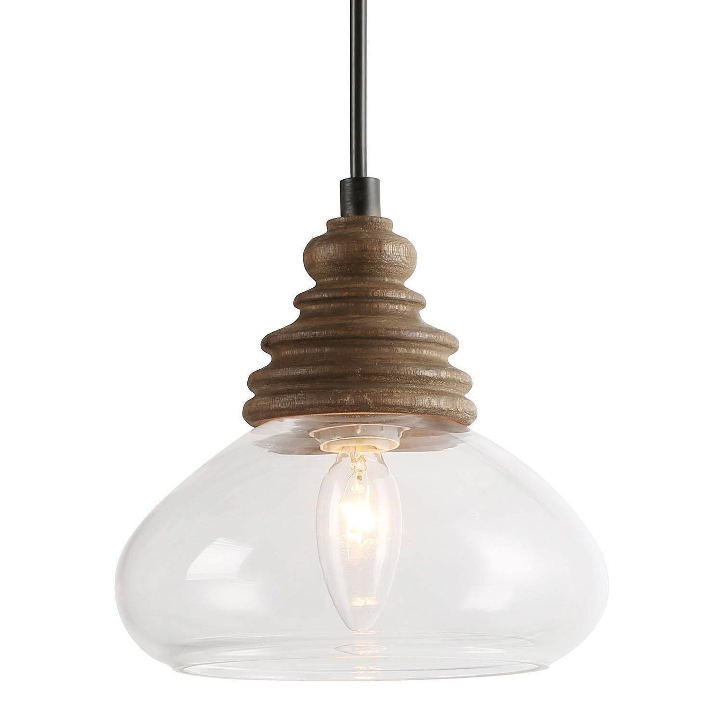 Modern 1-Light Clear Glass Pendant Light with Rustic Wood Accent