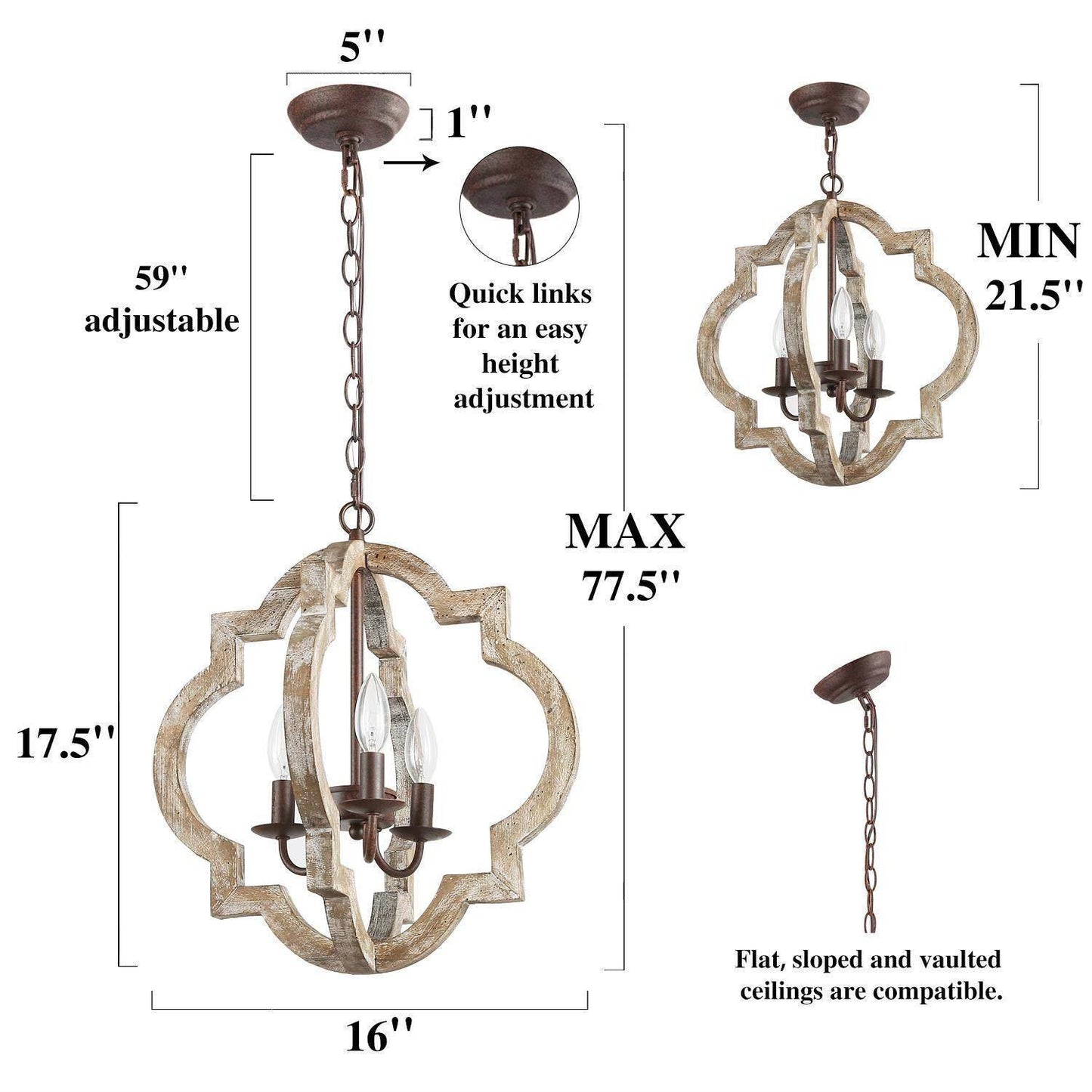 Adrammelech 3-Light 16" Wood Farmhouse Quatrefoil Pendant Light Fixtures