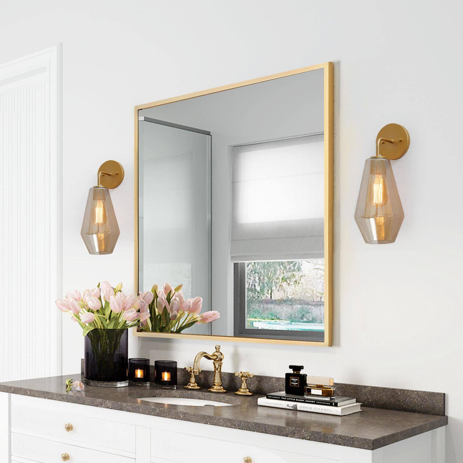 Radishment 1-Light Modern Gold Wall Sconces with Amber Glass 