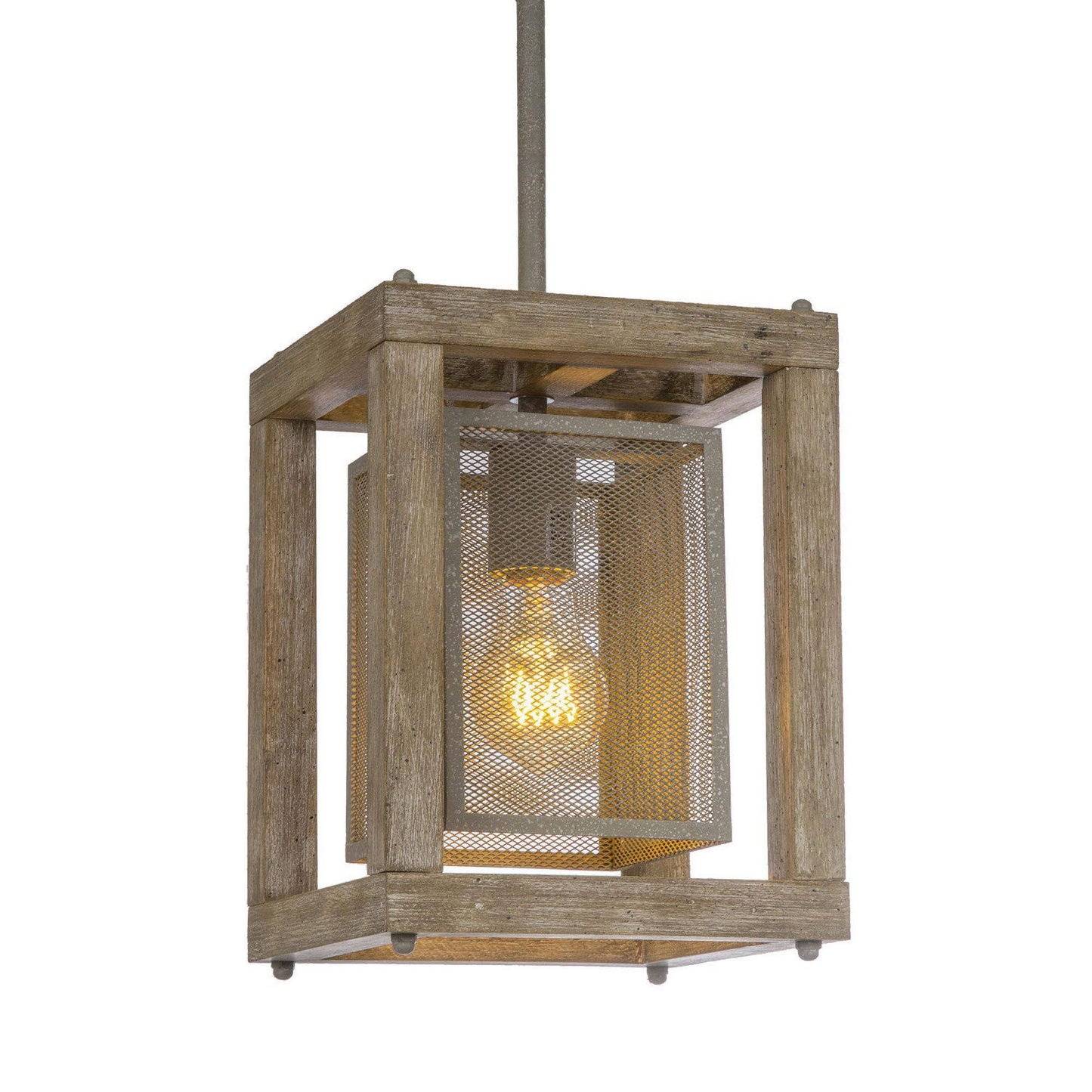 Farmhouse 1-Light Rustic Wooden Pendant Light with Metal Mesh Shade