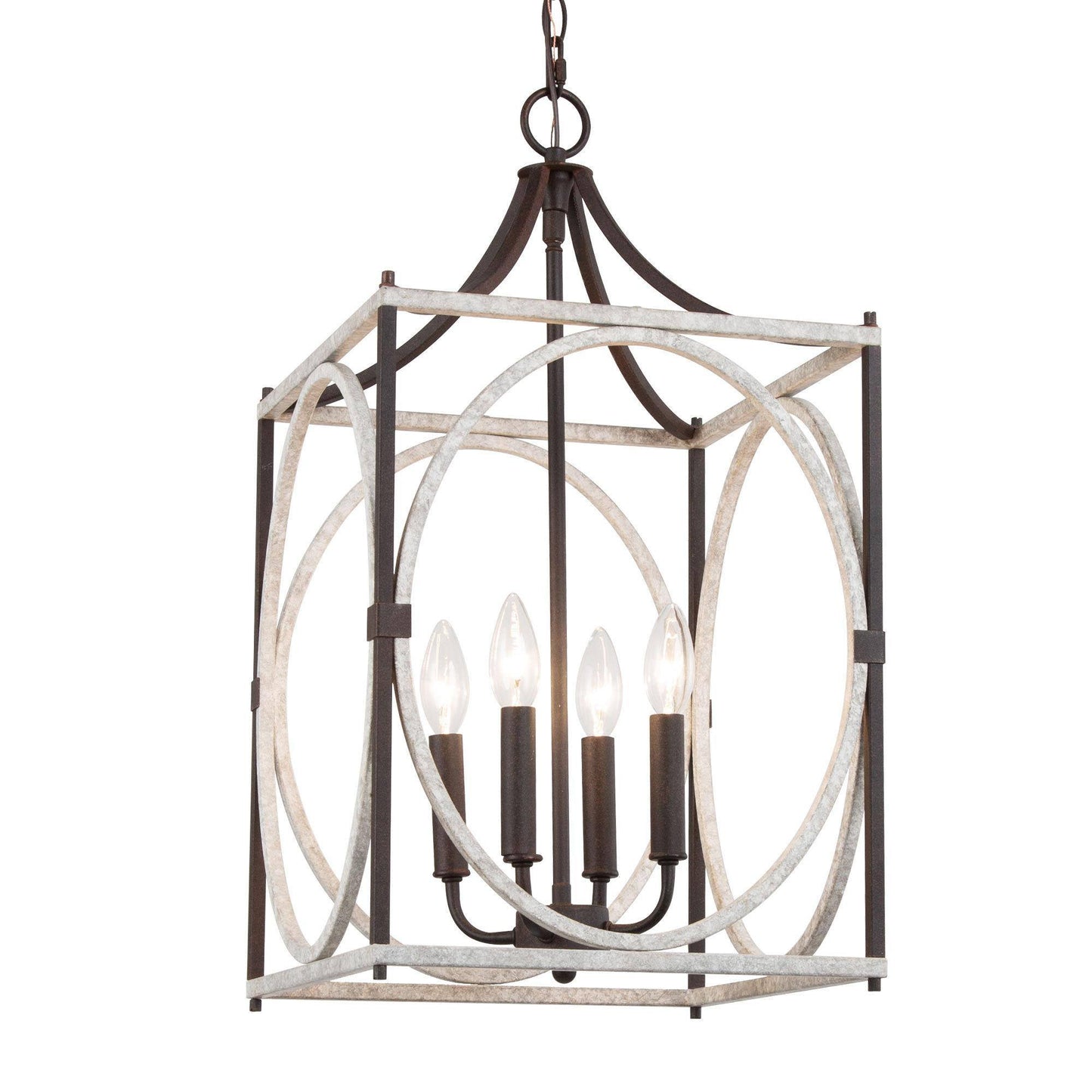 Rustic 4-Light Chandelier with Bronze and Distressed White Open Frame