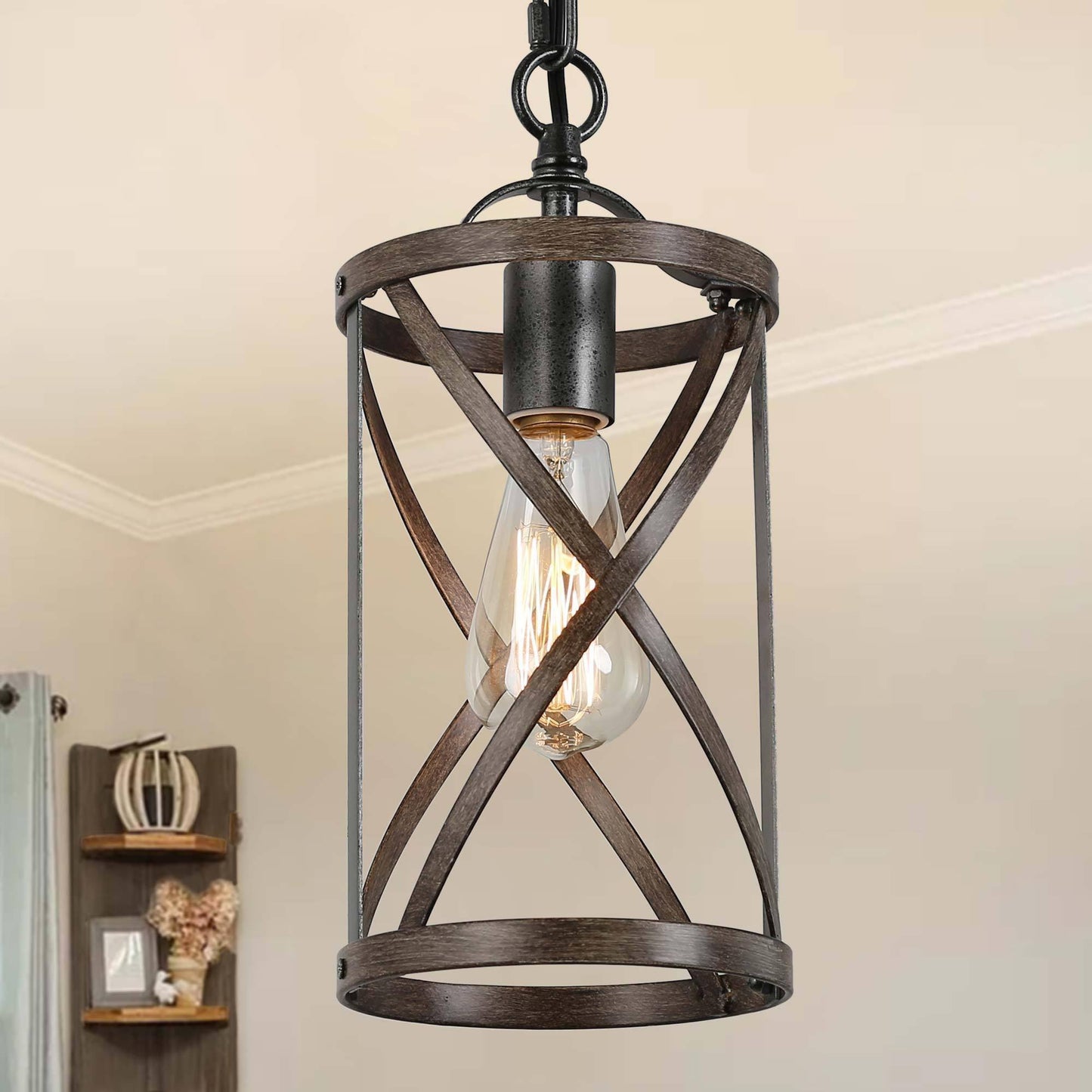 Houmi 1-Light Mini Wood Farmhouse Pendant Light Fixtures