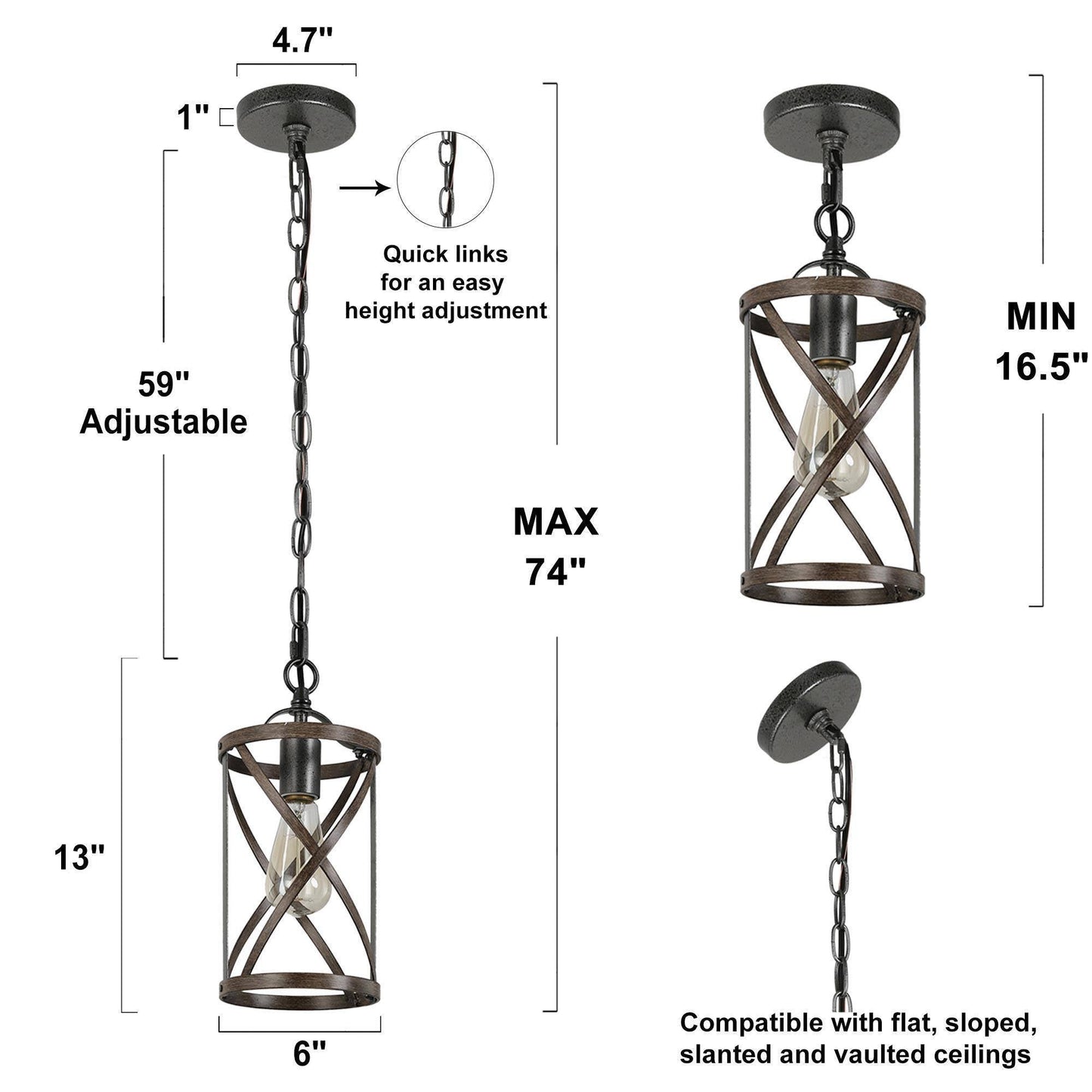 Houmi 1-Light Mini Wood Farmhouse Pendant Light Fixtures