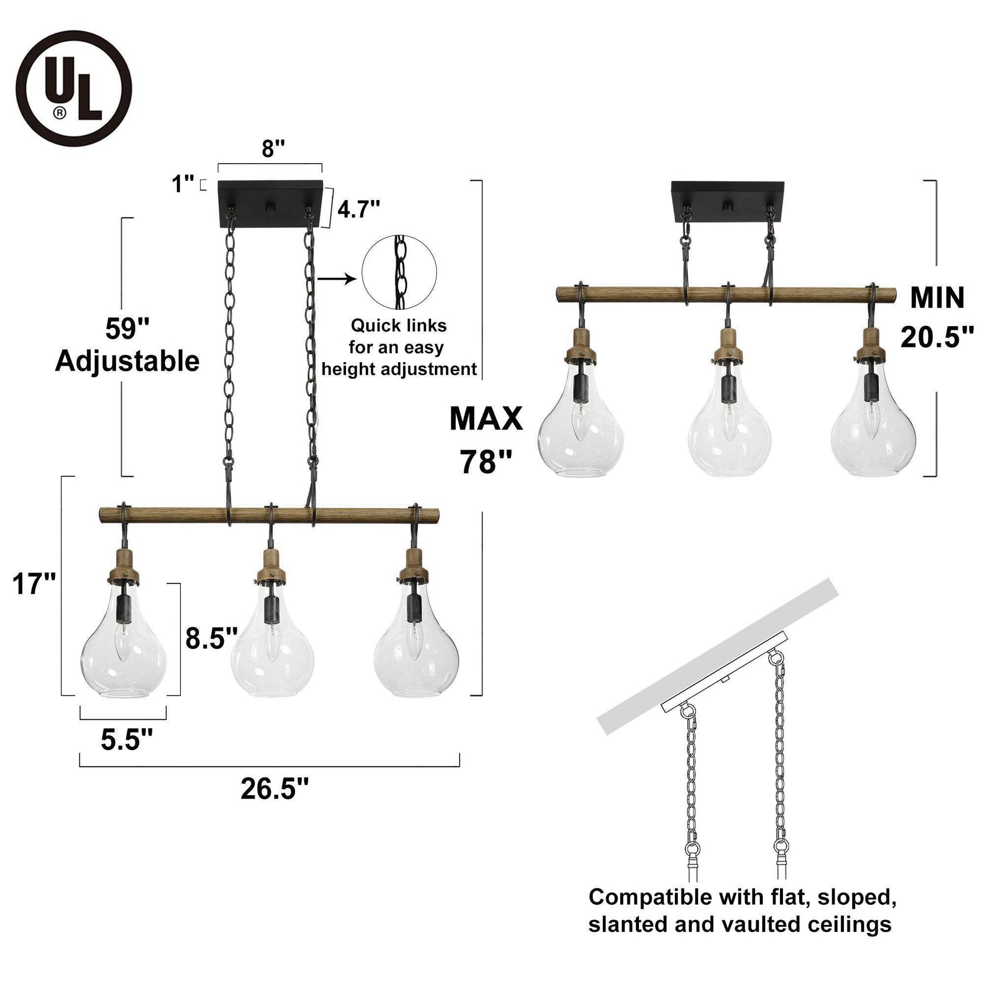 Squash 3-Light 26.5-in Black Farmhouse Linear Kitchen Island Light