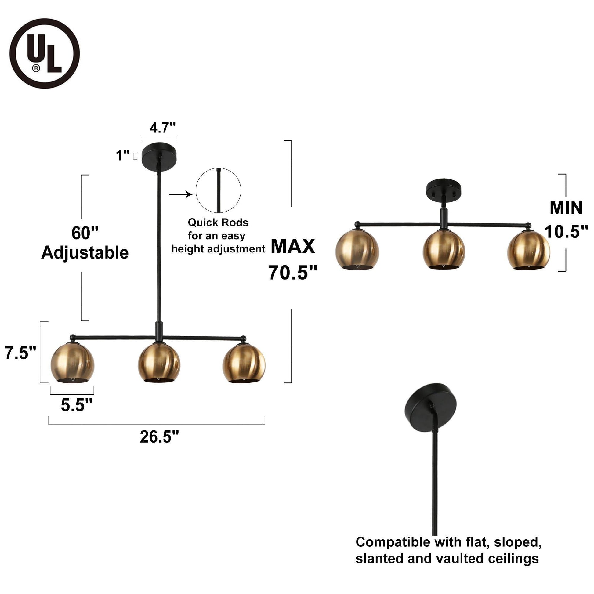 Semerisy 3-Light 26.5-in Black&Gold Modern Linear Kitchen Island Light