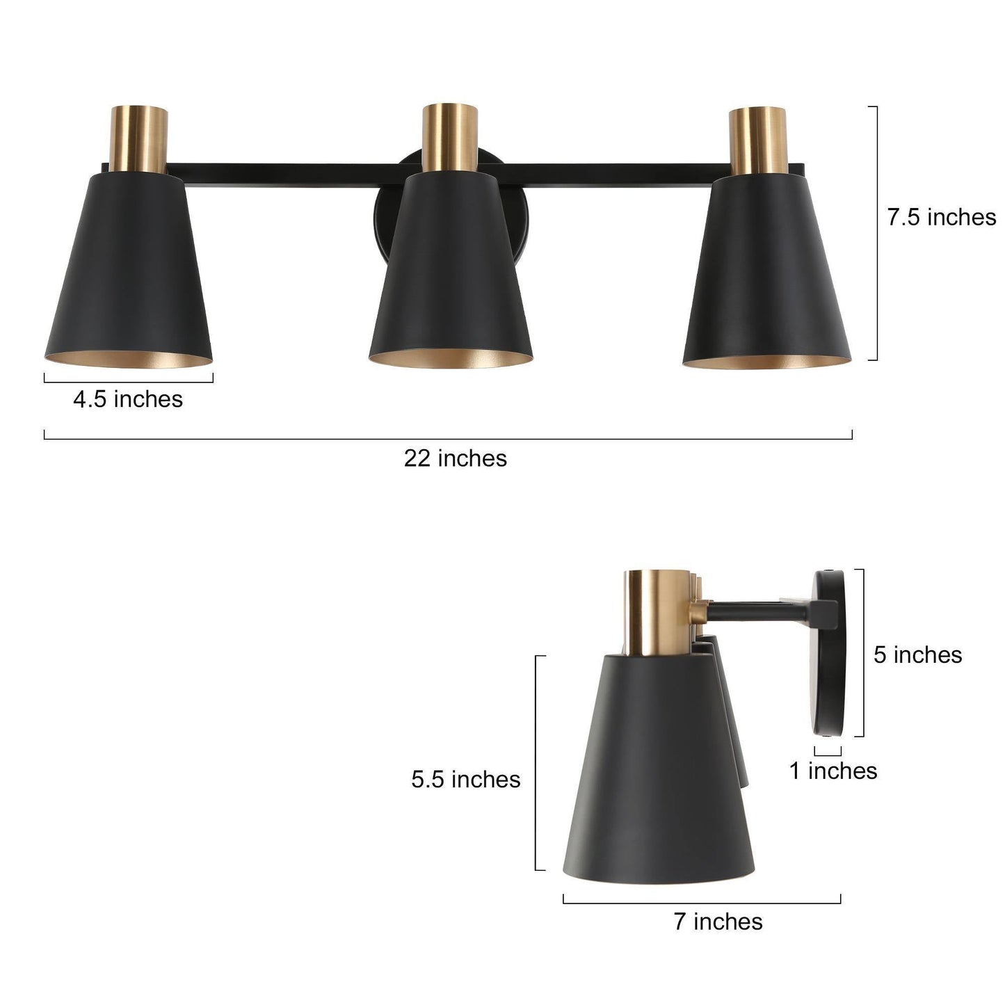 Bangnior 3-Light Black and Brass Vanity Light