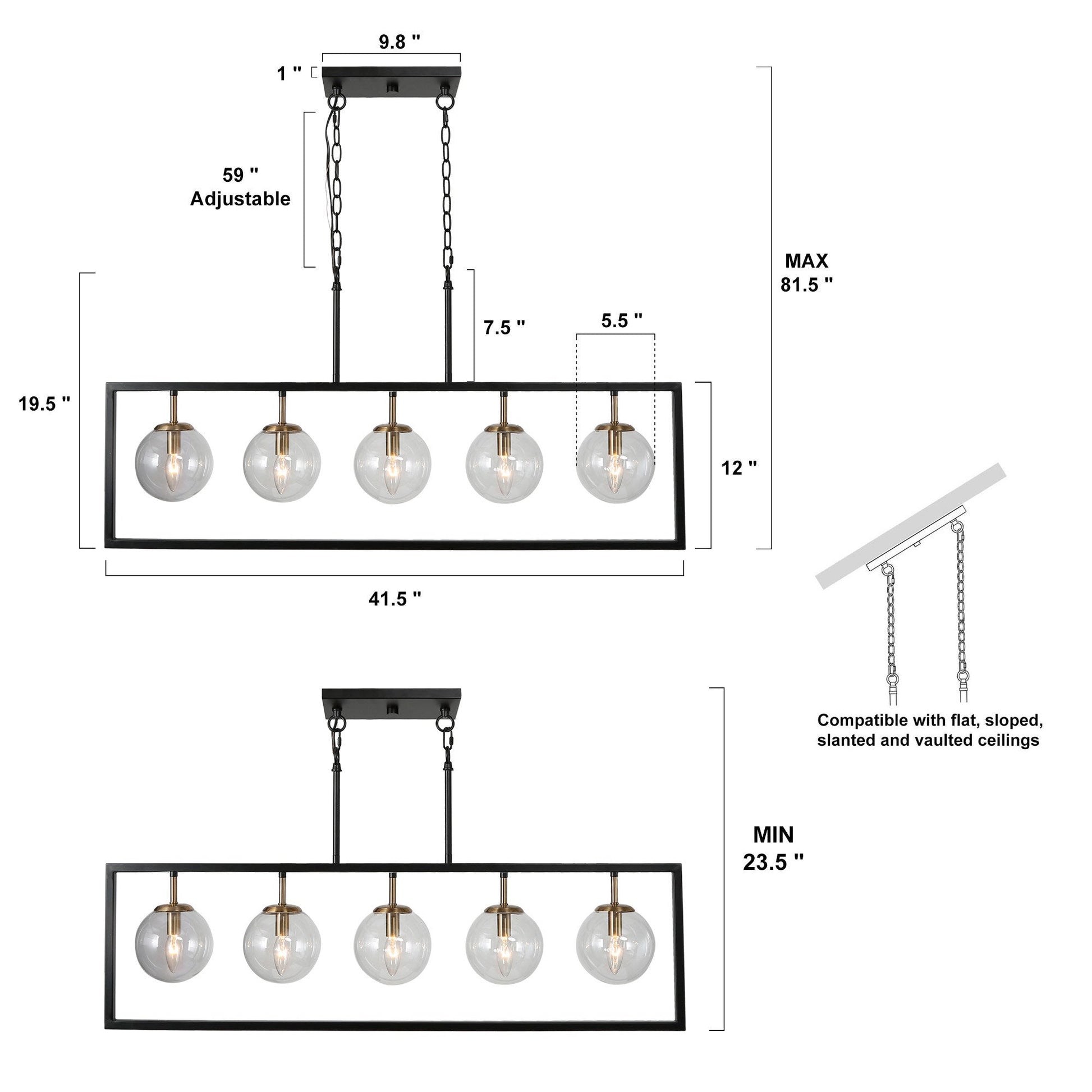 Gary 5-Light 41.5-in Black Modern Rectangle Kitchen Island Light